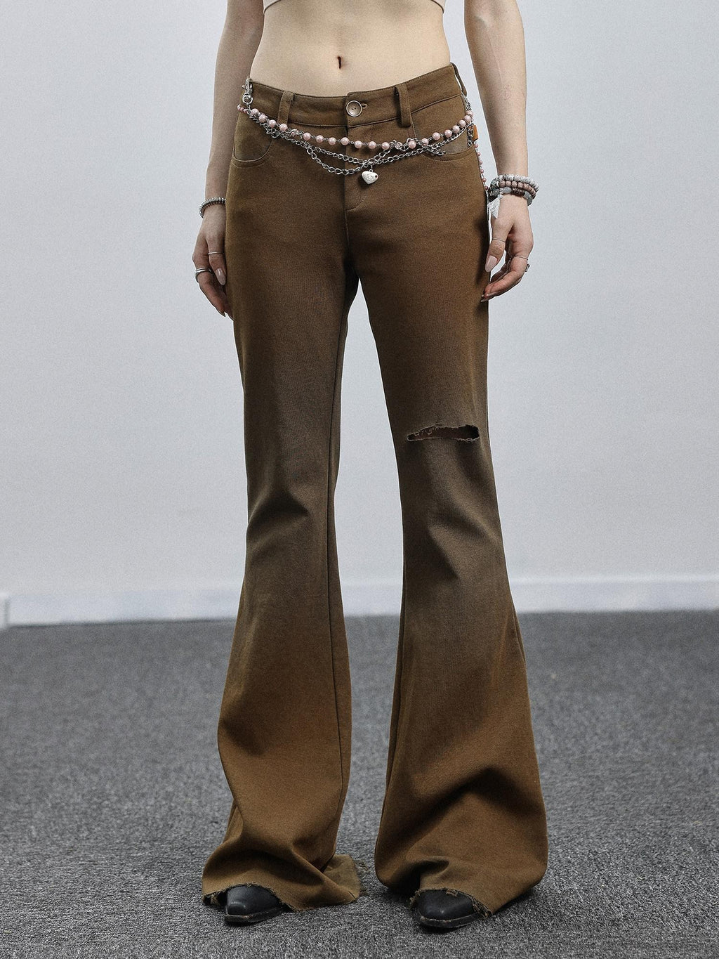 Achihara Salt Orange Green Distressed Ripped Low Waist Floor Length Women'S Flare Pants