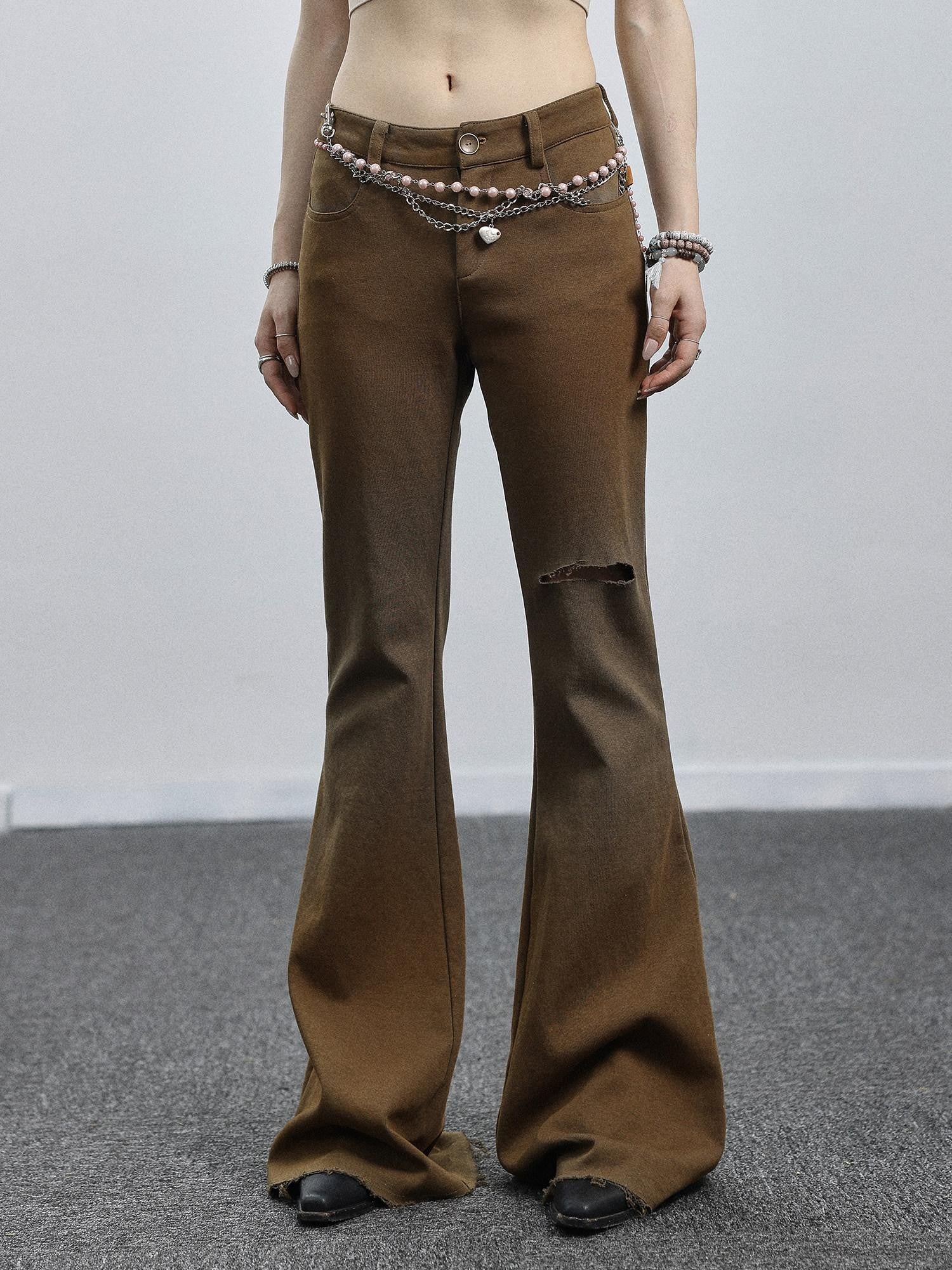 Achihara Salt Orange Green Distressed Ripped Low Waist Floor Length Women'S Flare Pants