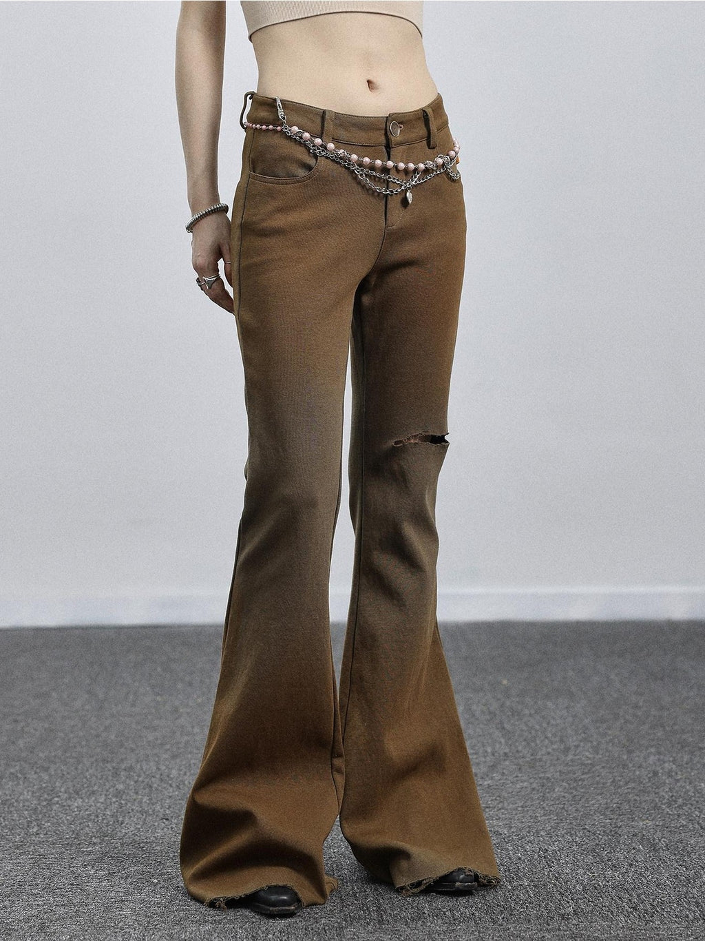 Achihara Salt Orange Green Distressed Ripped Low Waist Floor Length Women'S Flare Pants