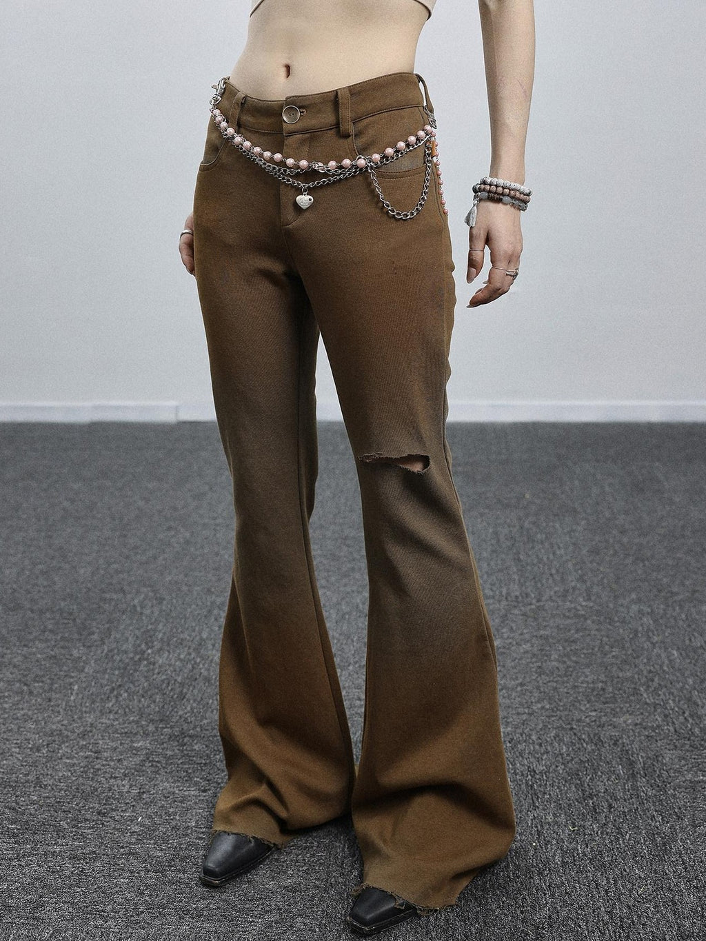 Achihara Salt Orange Green Distressed Ripped Low Waist Floor Length Women'S Flare Pants