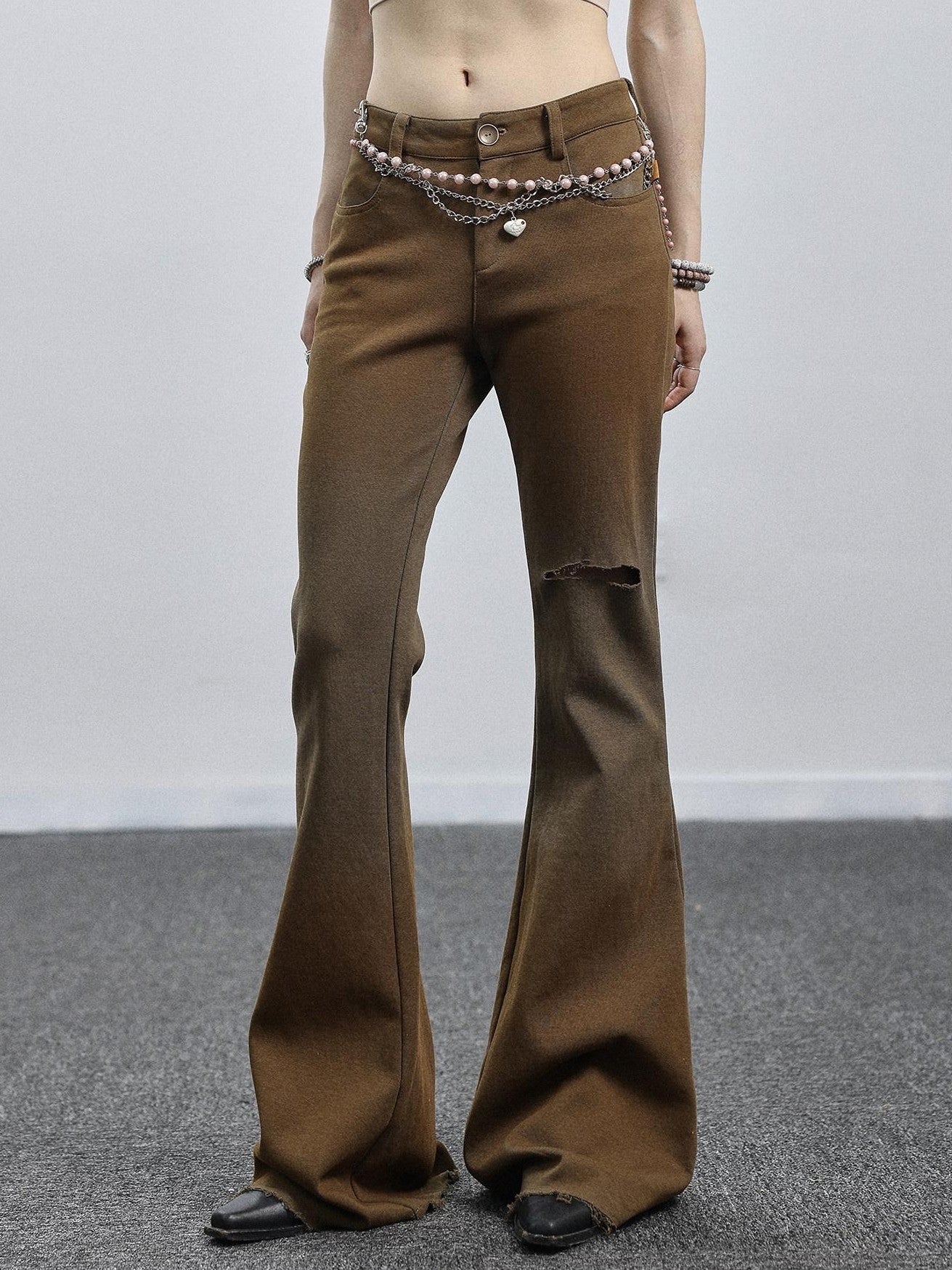 Achihara Salt Orange Green Distressed Ripped Low Waist Floor Length Women'S Flare Pants