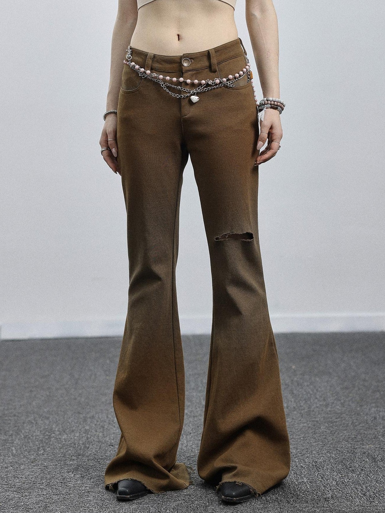 Achihara Salt Orange Green Distressed Ripped Low Waist Floor Length Women'S Flare Pants
