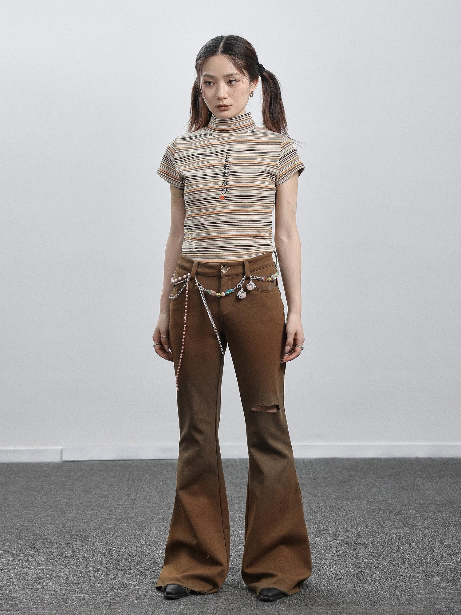 Achihara Salt Orange Green Distressed Ripped Low Waist Floor Length Women'S Flare Pants