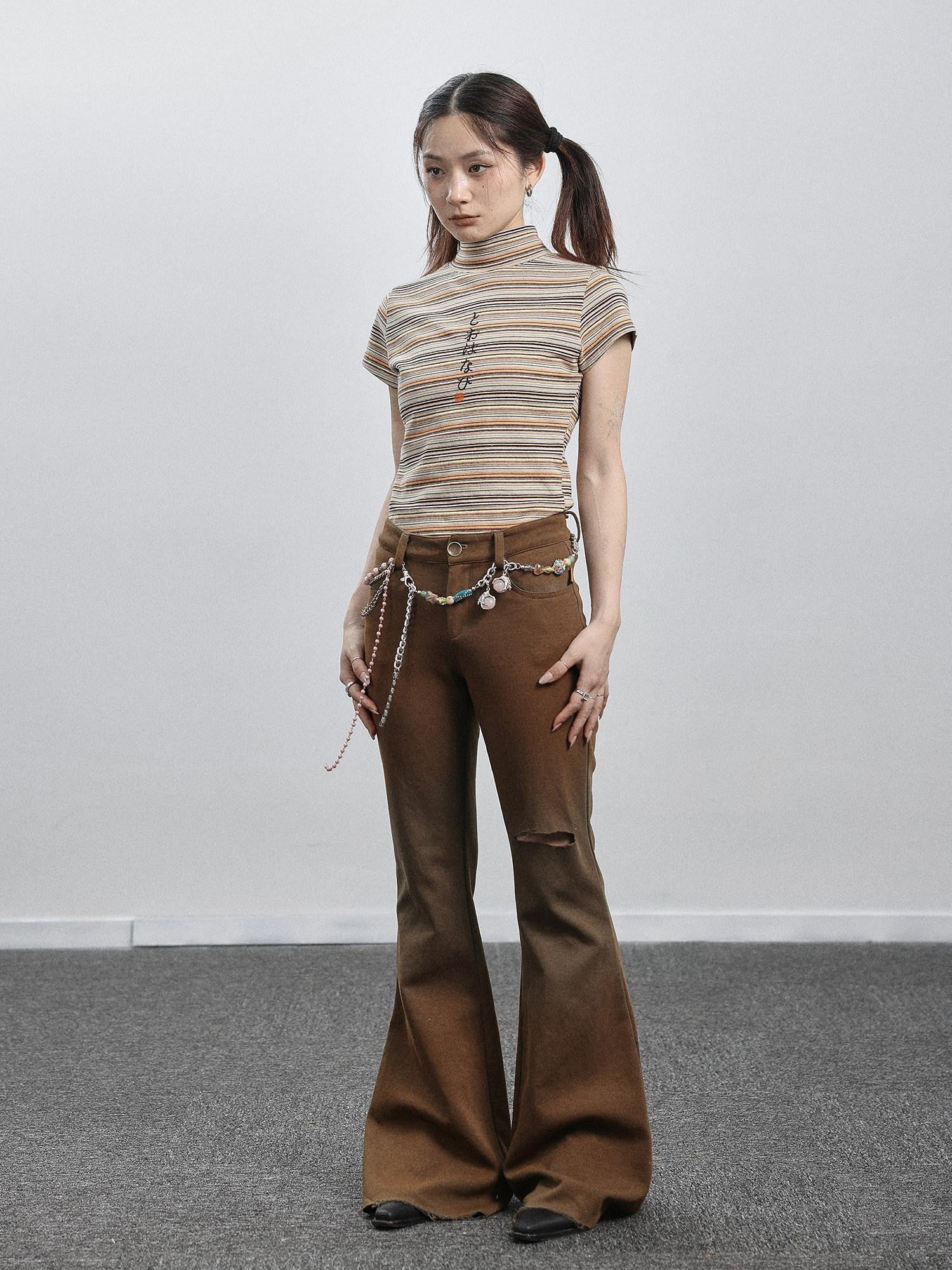 Achihara Salt Orange Green Distressed Ripped Low Waist Floor Length Women'S Flare Pants