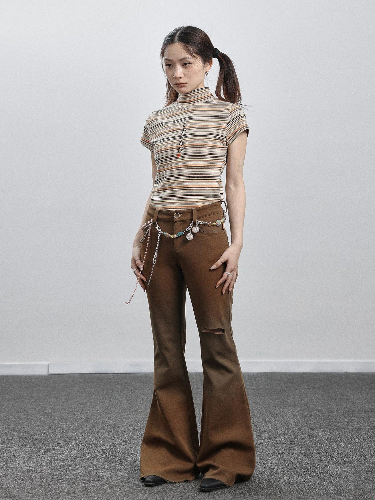 Achihara Salt Orange Green Distressed Ripped Low Waist Floor Length Women'S Flare Pants