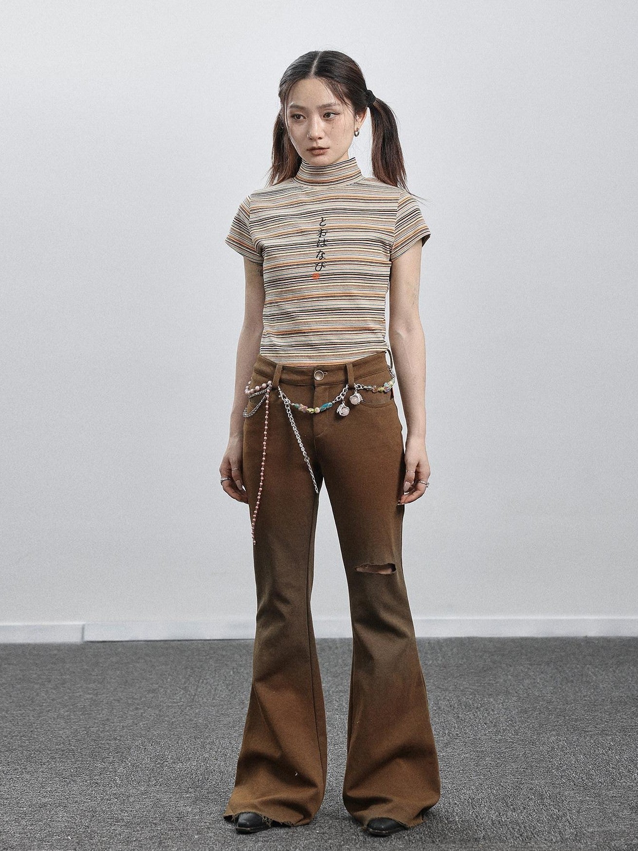 Achihara Salt Orange Green Distressed Ripped Low Waist Floor Length Women'S Flare Pants