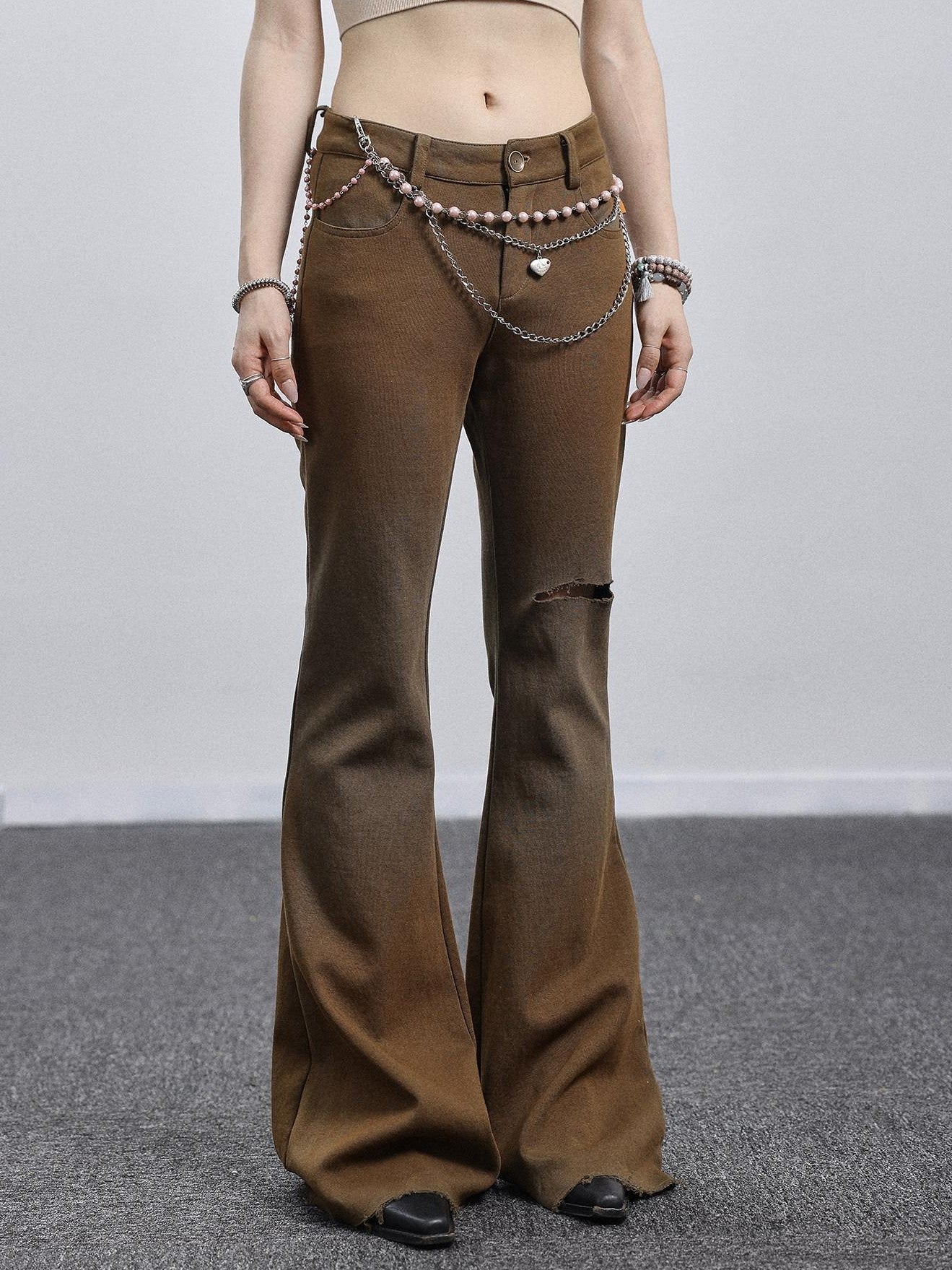Achihara Salt Orange Green Distressed Ripped Low Waist Floor Length Women'S Flare Pants