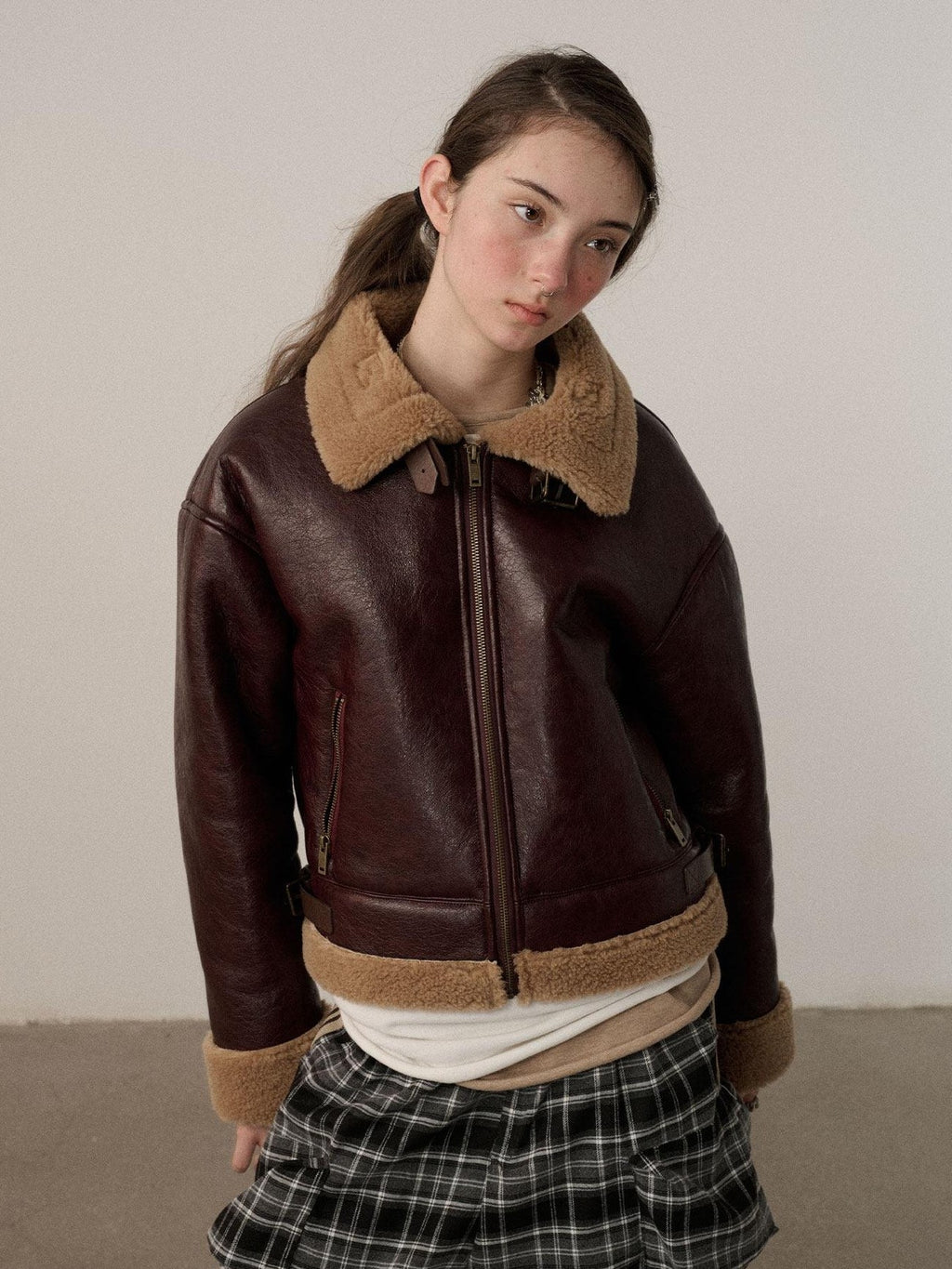 Achihara Shearling Foldover Collar Straight Short Zipper Women'S Leather Jackets