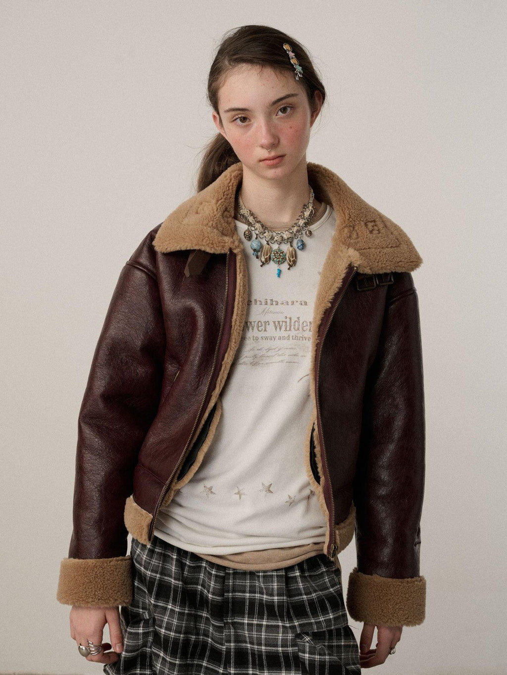 Achihara Shearling Foldover Collar Straight Short Zipper Women'S Leather Jackets