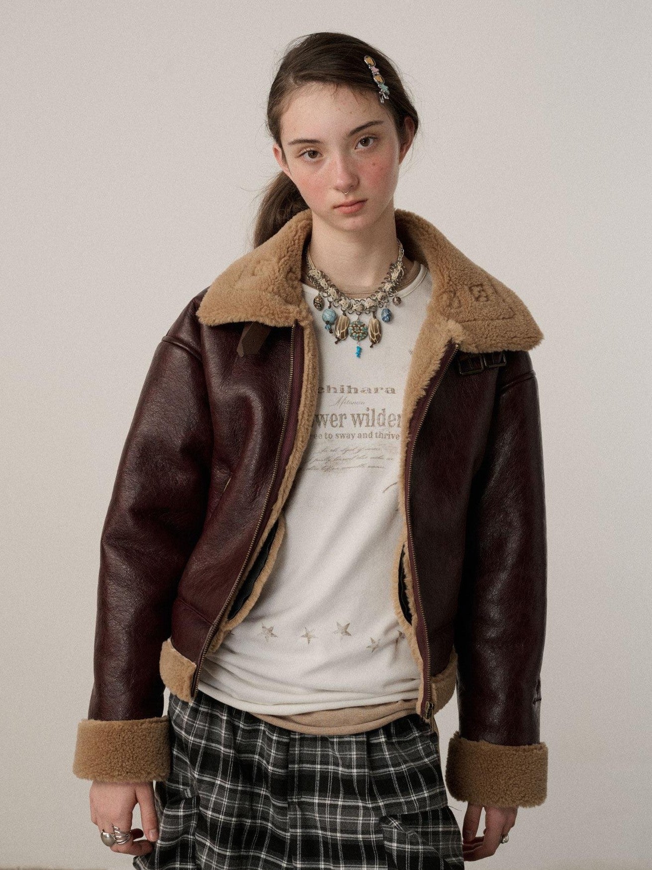Achihara Shearling Foldover Collar Straight Short Zipper Women'S Leather Jackets
