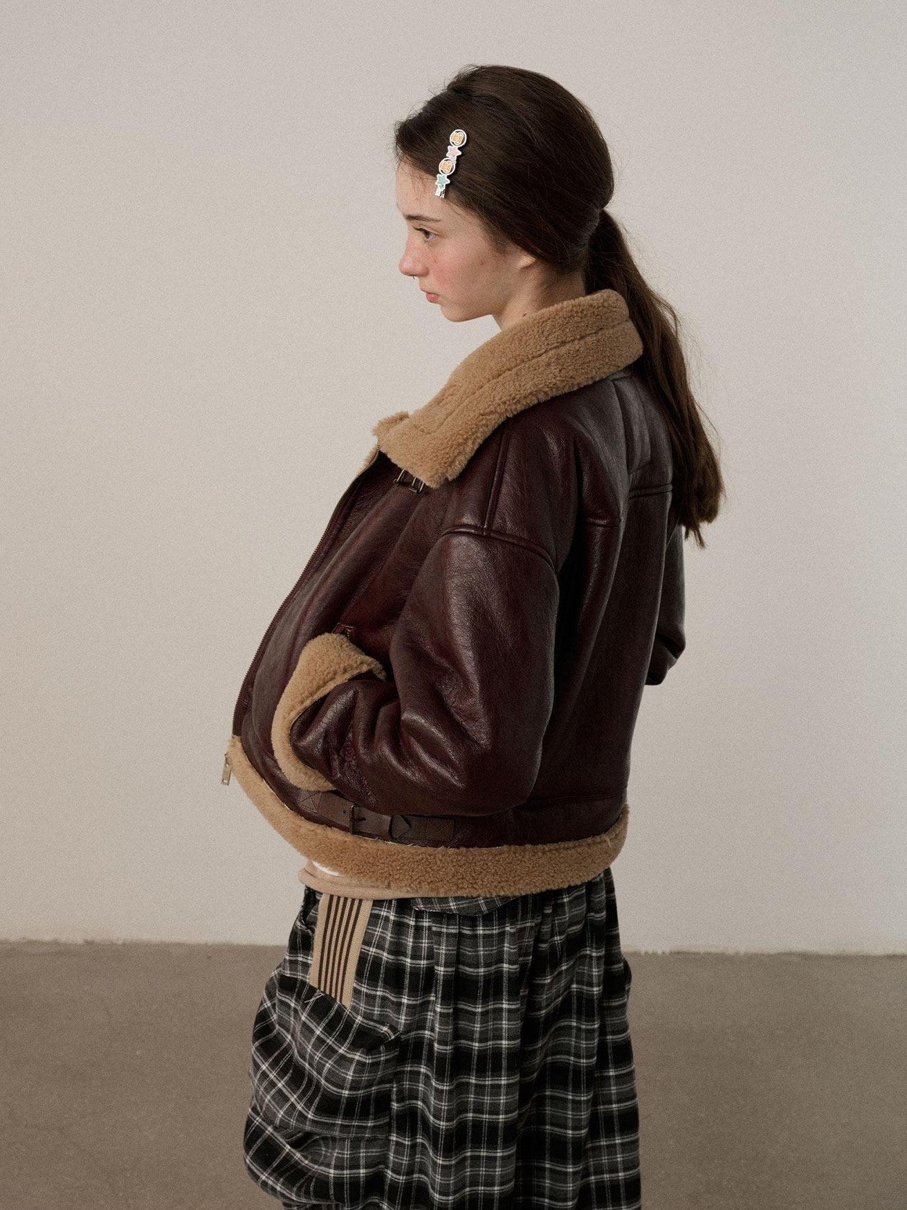 Achihara Shearling Foldover Collar Straight Short Zipper Women'S Leather Jackets
