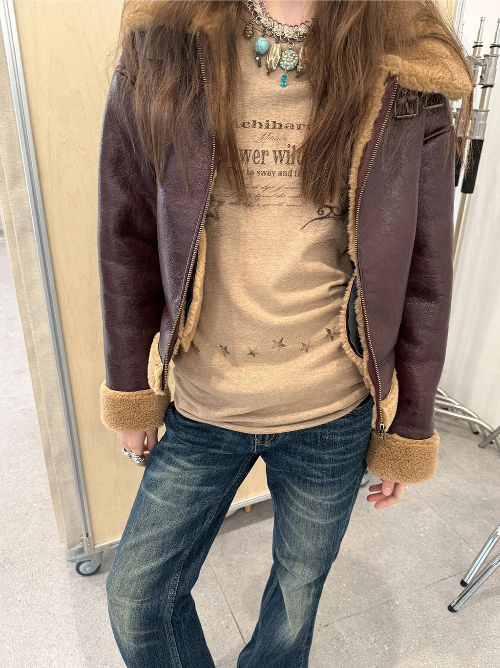 Achihara Shearling Foldover Collar Straight Short Zipper Women'S Leather Jackets