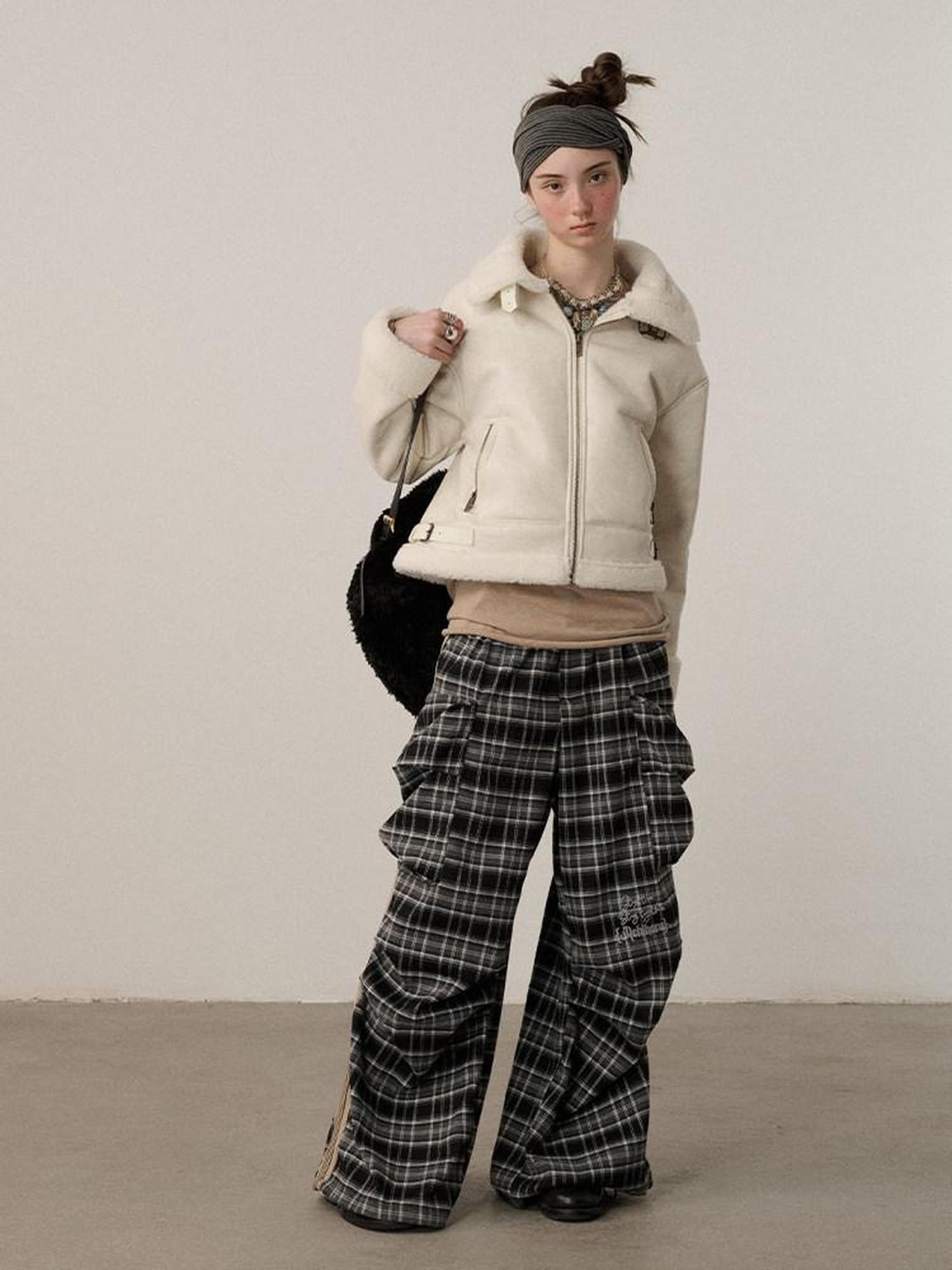 Achihara Shearling Foldover Collar Straight Short Zipper Women'S Leather Jackets