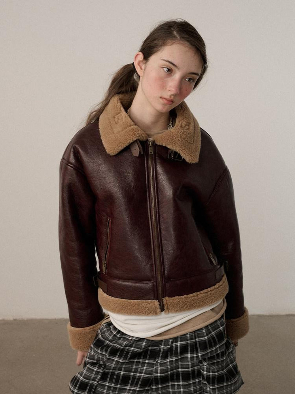 Achihara Shearling Foldover Collar Straight Short Zipper Women'S Leather Jackets