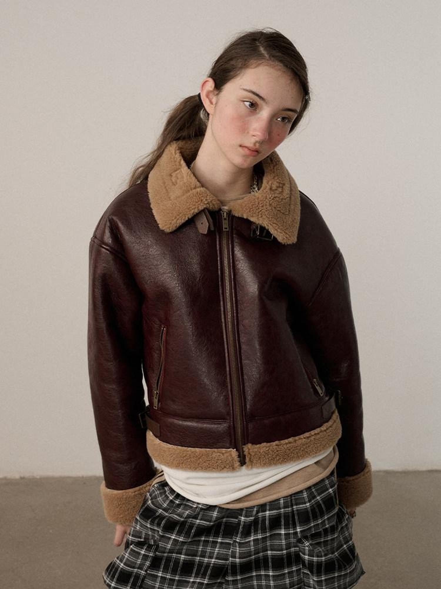 Achihara Shearling Foldover Collar Straight Short Zipper Women'S Leather Jackets