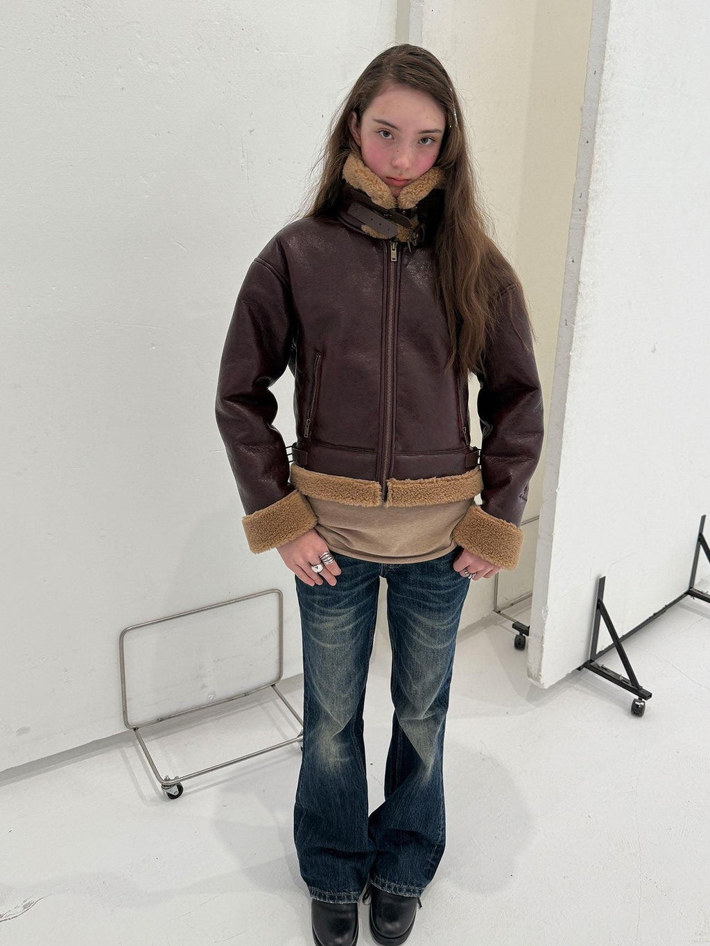 Achihara Shearling Foldover Collar Straight Short Zipper Women'S Leather Jackets