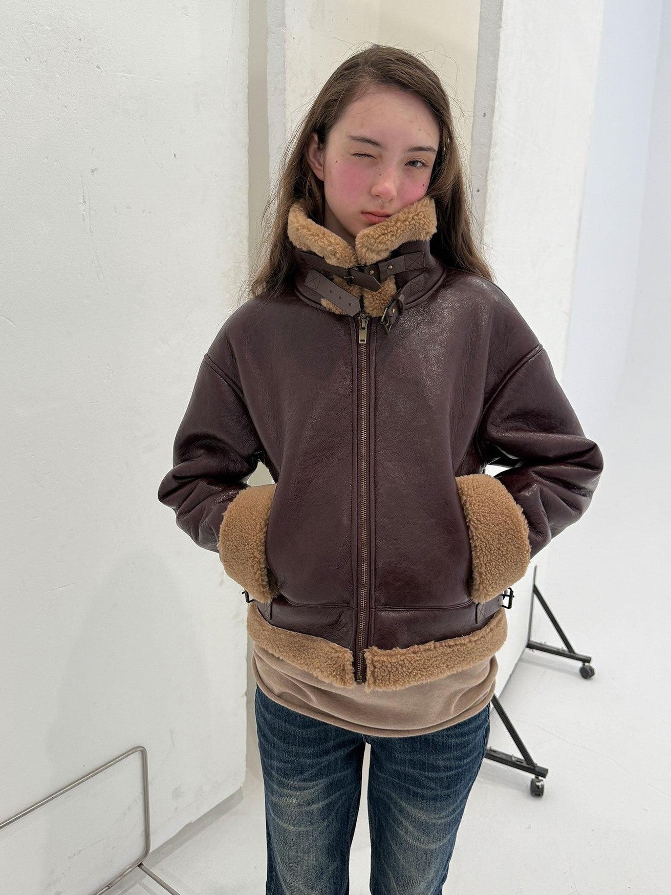 Achihara Shearling Foldover Collar Straight Short Zipper Women'S Leather Jackets