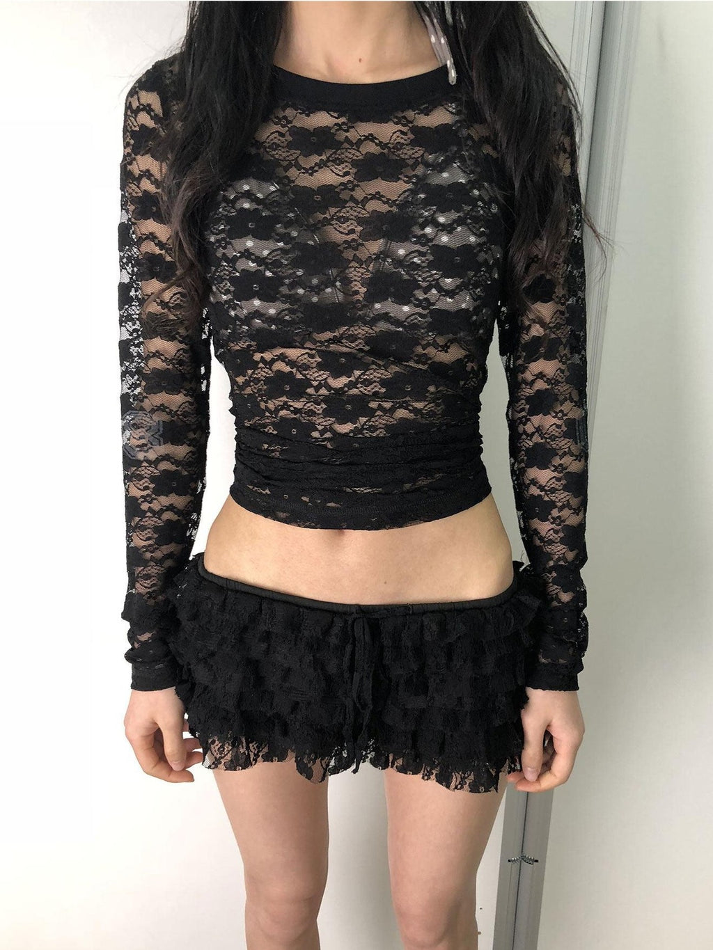 Achihara Sheer Lace Round Neck Uv Protective Women'S Nylon Blend Long Sleeve T-Shirts