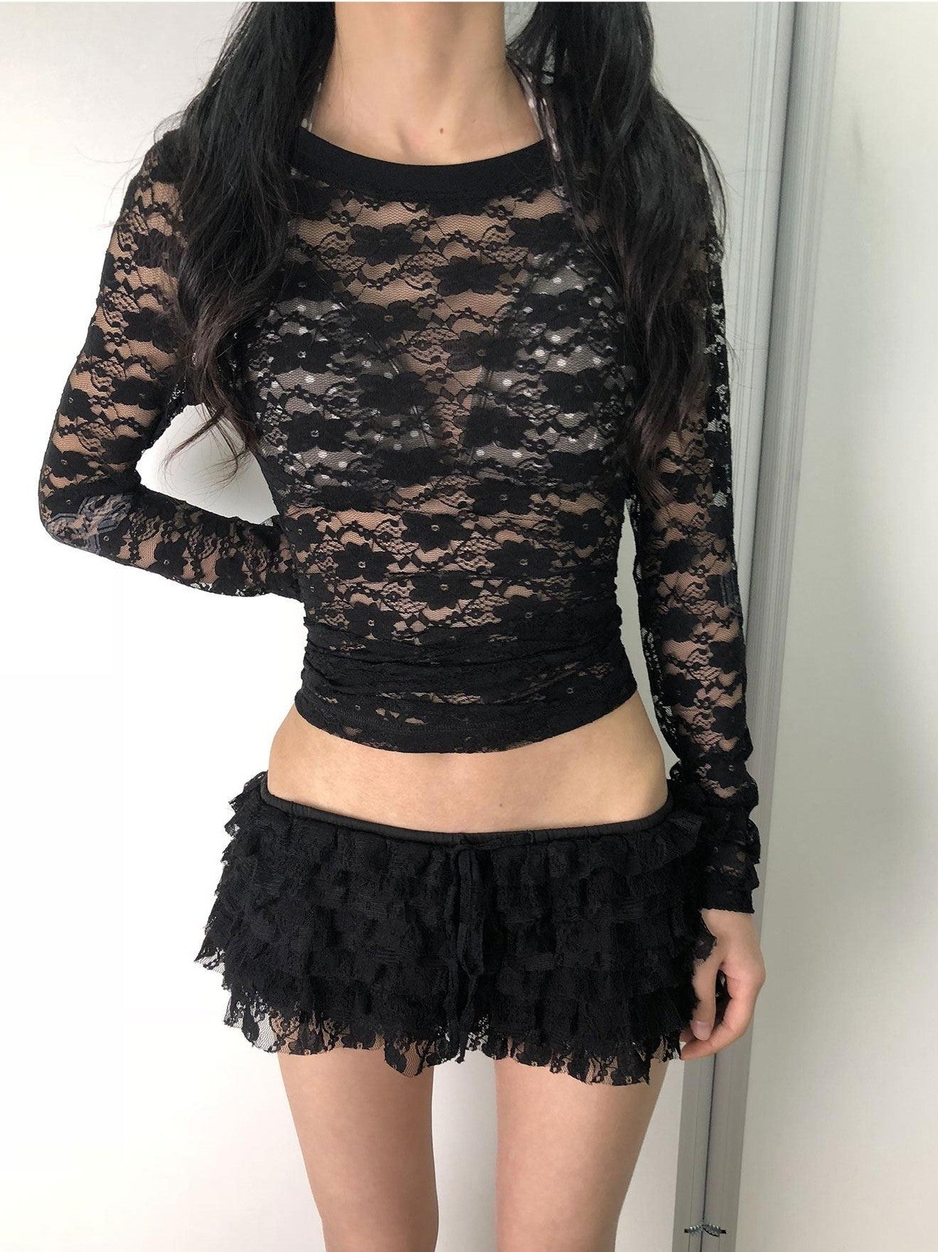 Achihara Sheer Lace Round Neck Uv Protective Women'S Nylon Blend Long Sleeve T-Shirts