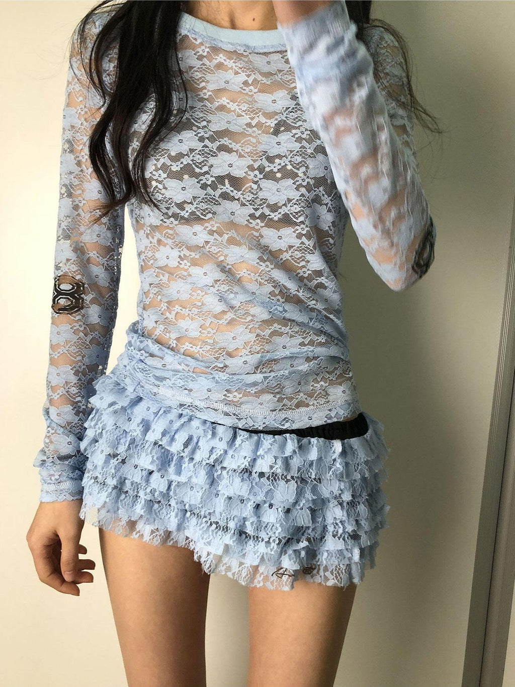 Achihara Sheer Lace Round Neck Uv Protective Women'S Nylon Blend Long Sleeve T-Shirts