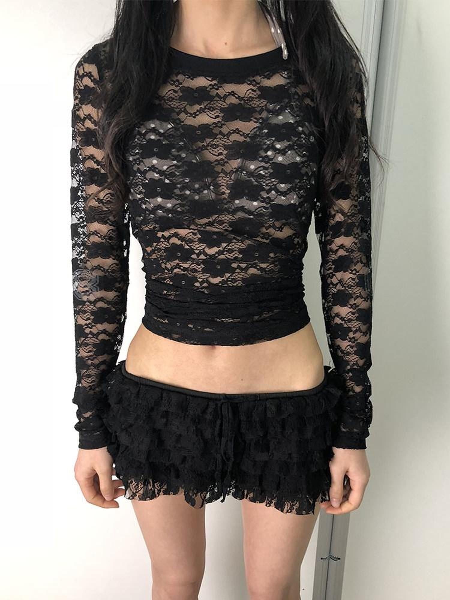 Achihara Sheer Lace Round Neck Uv Protective Women'S Nylon Blend Long Sleeve T-Shirts