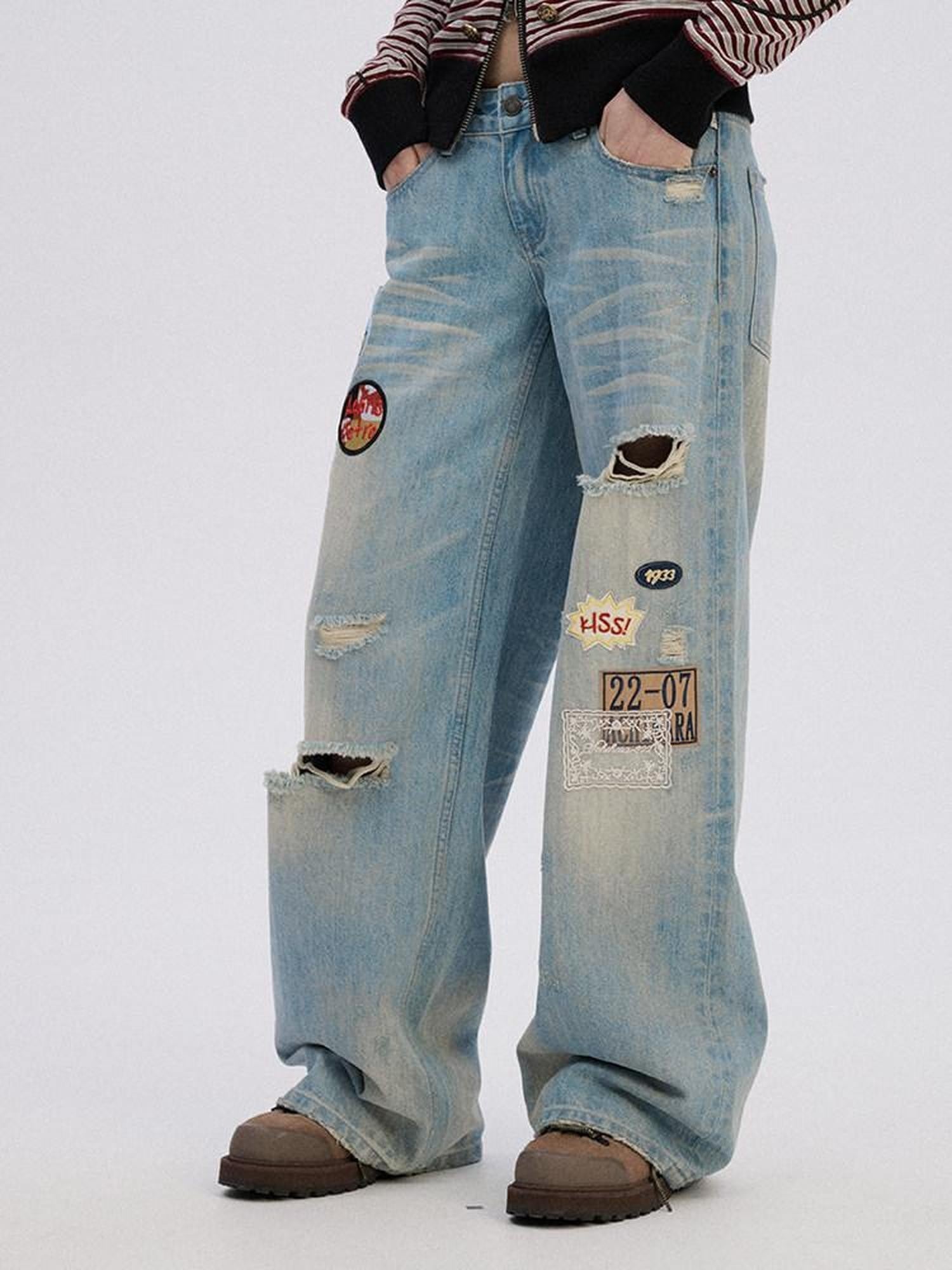 Achihara Skater Distressed Ripped Patch Women'S Cotton Denim Wide-Leg Jeans