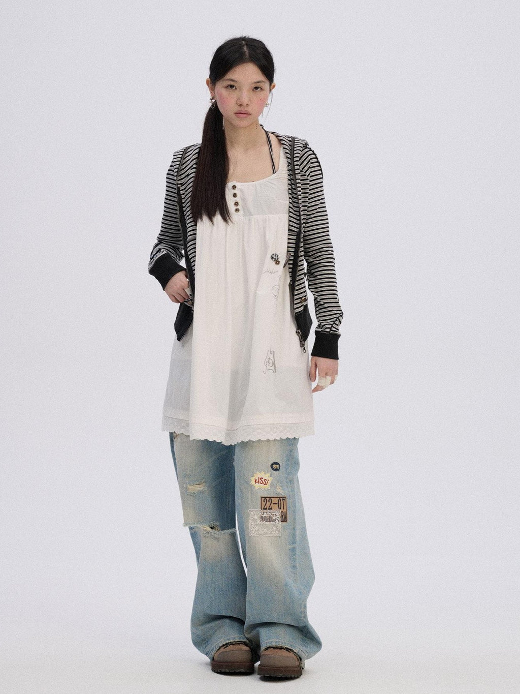 Achihara Skater Distressed Ripped Patch Women'S Cotton Denim Wide-Leg Jeans