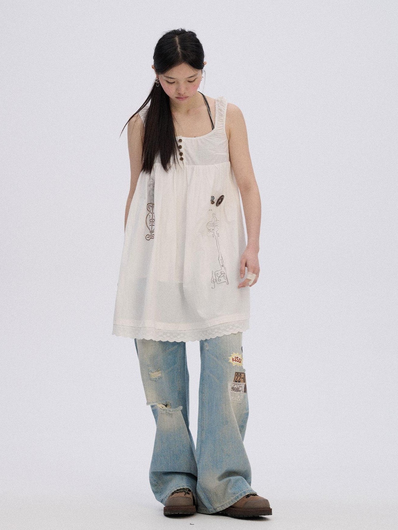 Achihara Skater Distressed Ripped Patch Women'S Cotton Denim Wide-Leg Jeans