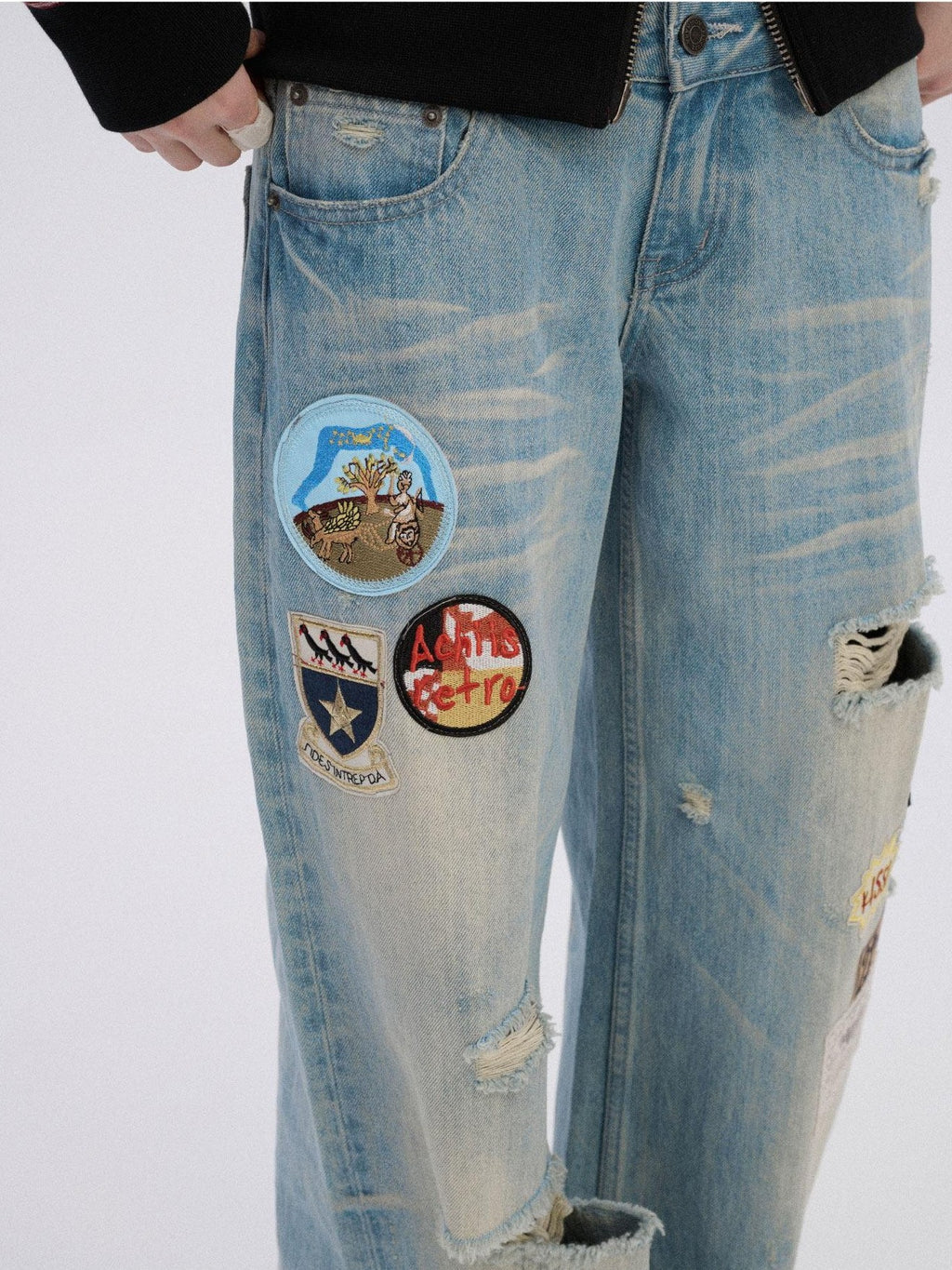 Achihara Skater Distressed Ripped Patch Women'S Cotton Denim Wide-Leg Jeans