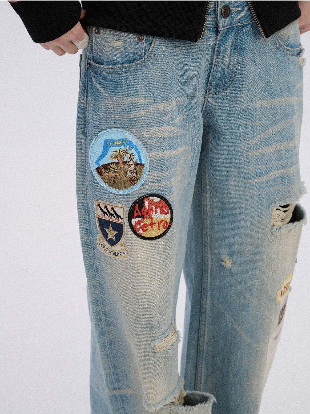Achihara Skater Distressed Ripped Patch Women'S Cotton Denim Wide-Leg Jeans