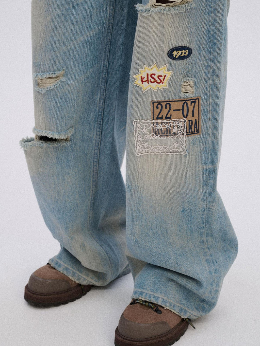 Achihara Skater Distressed Ripped Patch Women'S Cotton Denim Wide-Leg Jeans