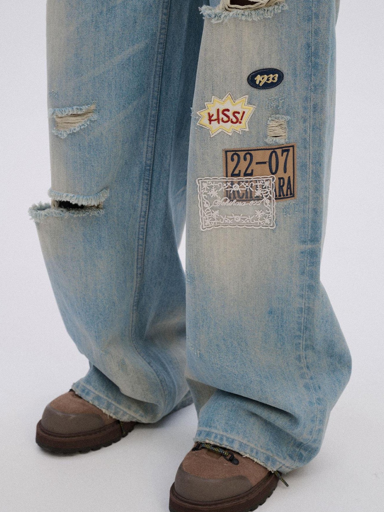 Achihara Skater Distressed Ripped Patch Women'S Cotton Denim Wide-Leg Jeans