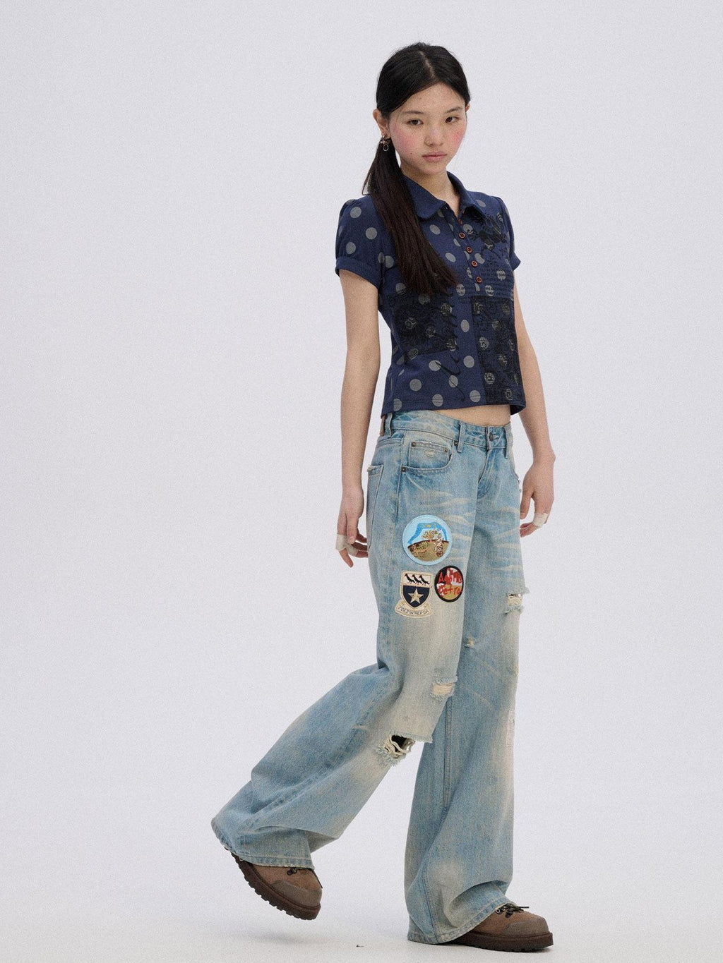 Achihara Skater Distressed Ripped Patch Women'S Cotton Denim Wide-Leg Jeans