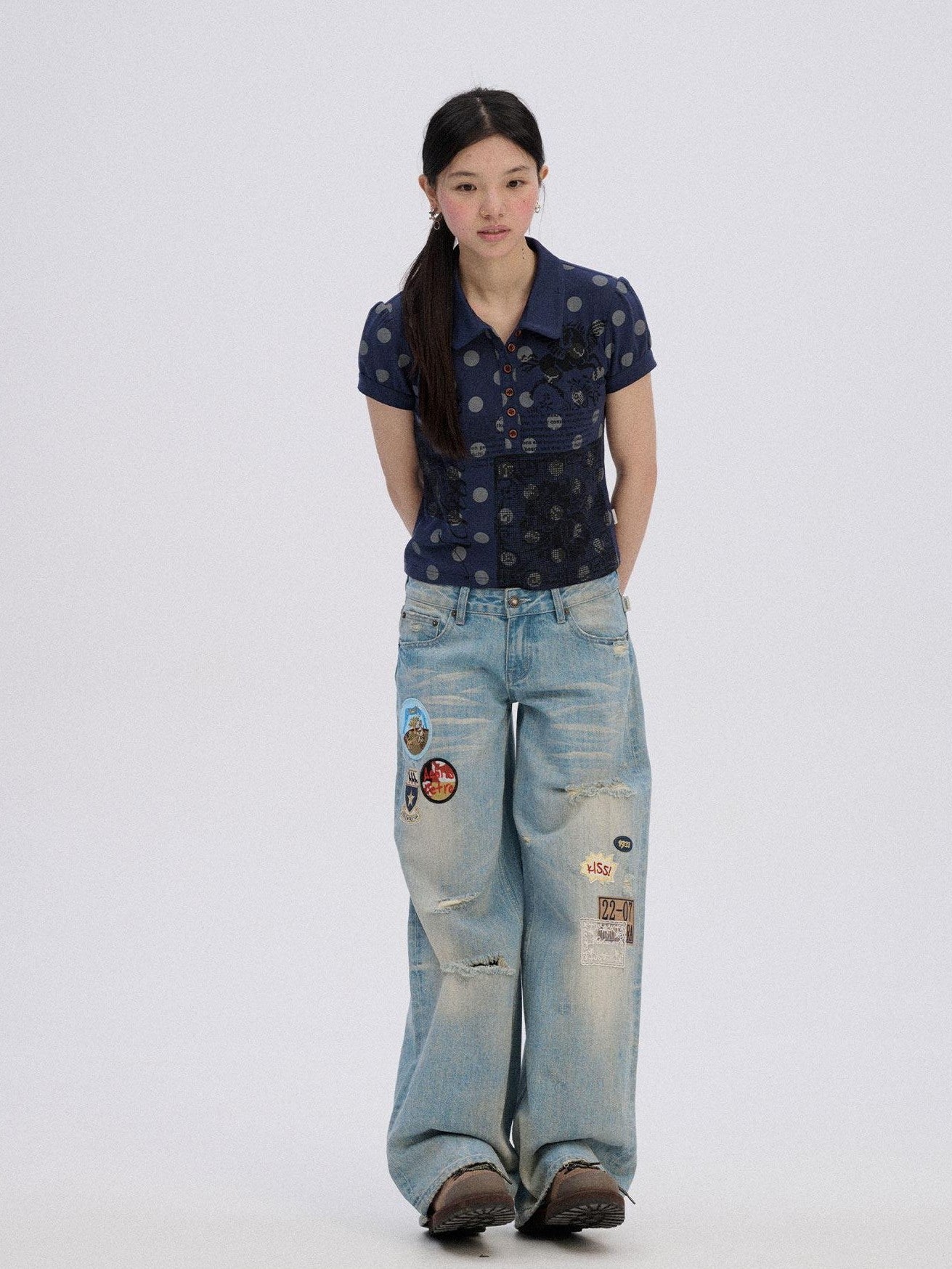 Achihara Skater Distressed Ripped Patch Women'S Cotton Denim Wide-Leg Jeans