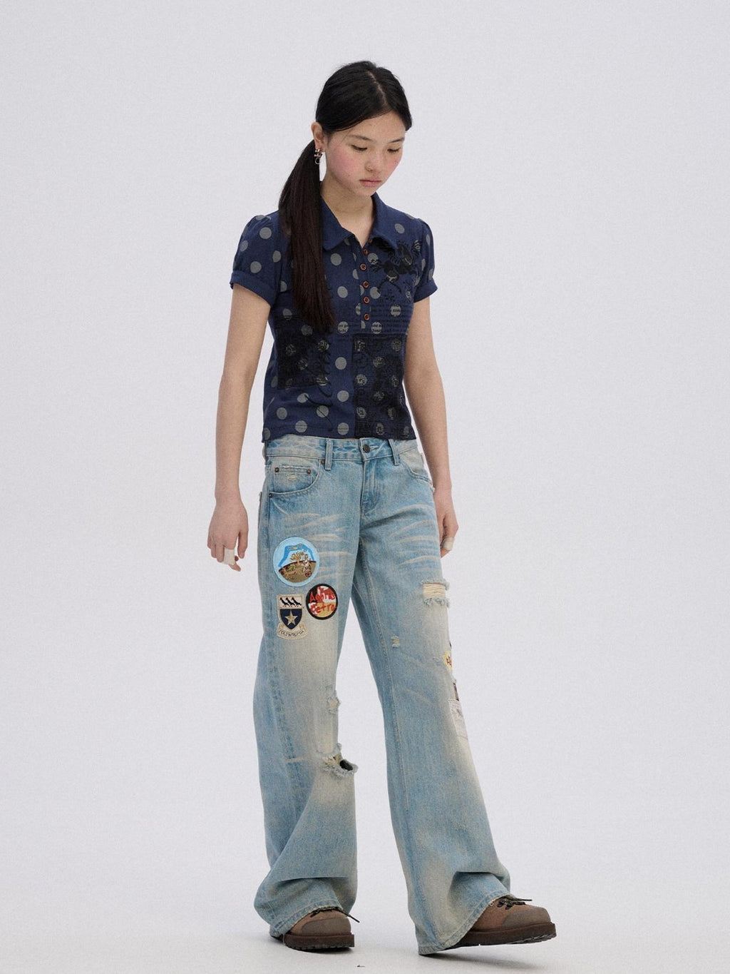 Achihara Skater Distressed Ripped Patch Women'S Cotton Denim Wide-Leg Jeans