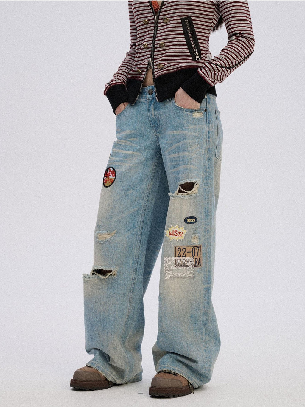 Achihara Skater Distressed Ripped Patch Women'S Cotton Denim Wide-Leg Jeans