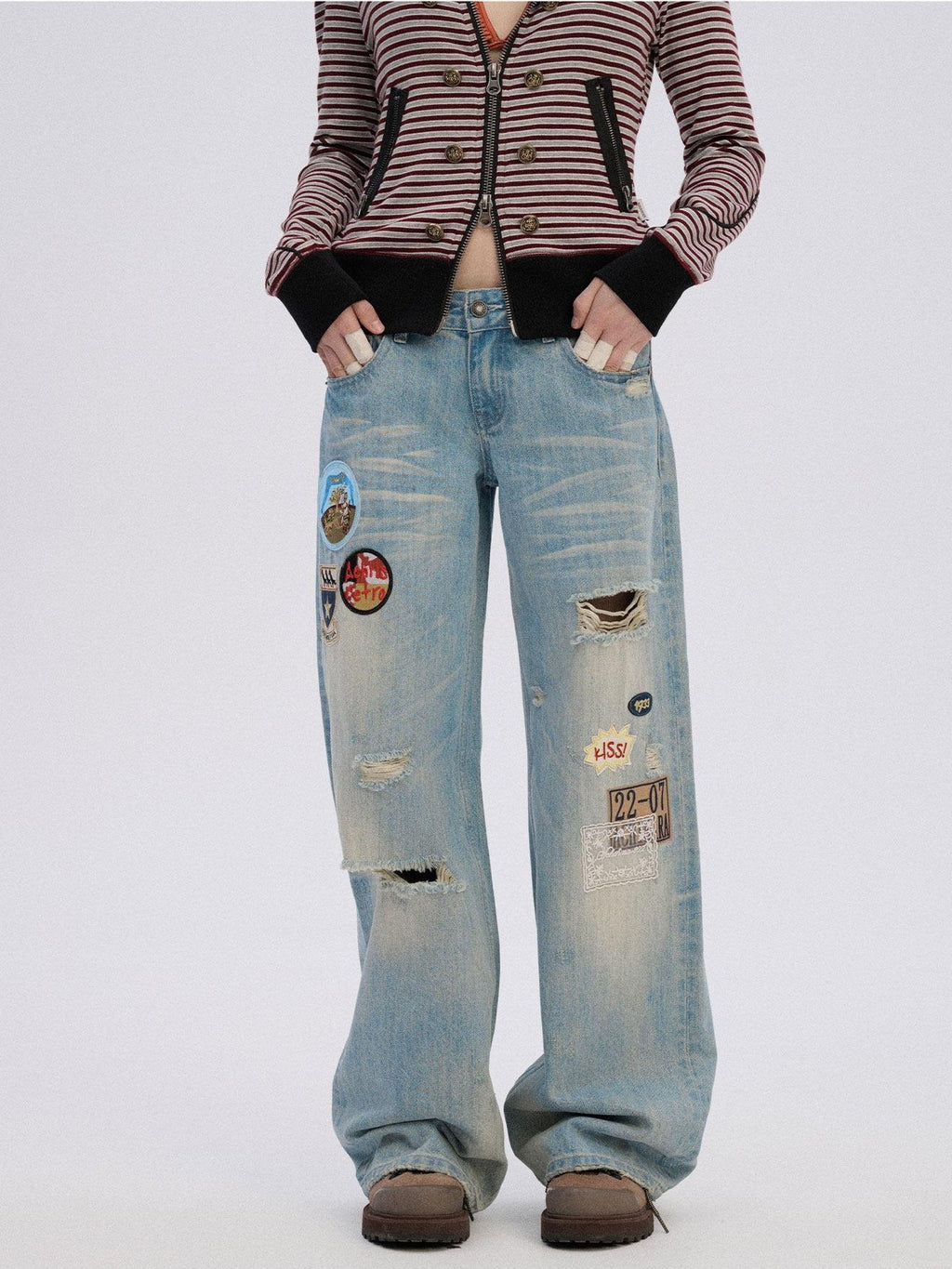 Achihara Skater Distressed Ripped Patch Women'S Cotton Denim Wide-Leg Jeans