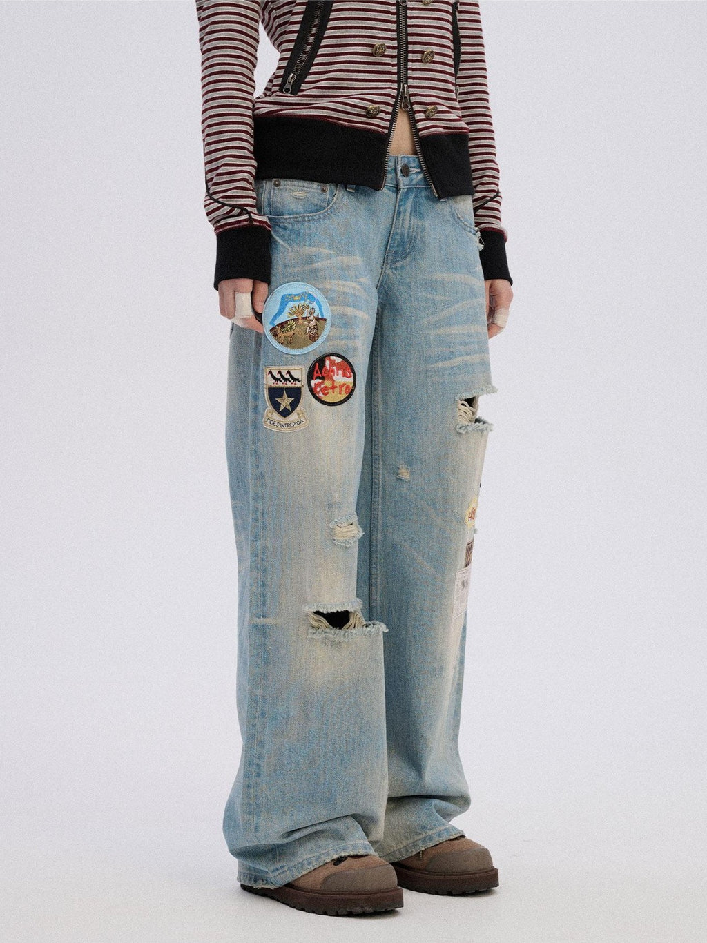 Achihara Skater Distressed Ripped Patch Women'S Cotton Denim Wide-Leg Jeans