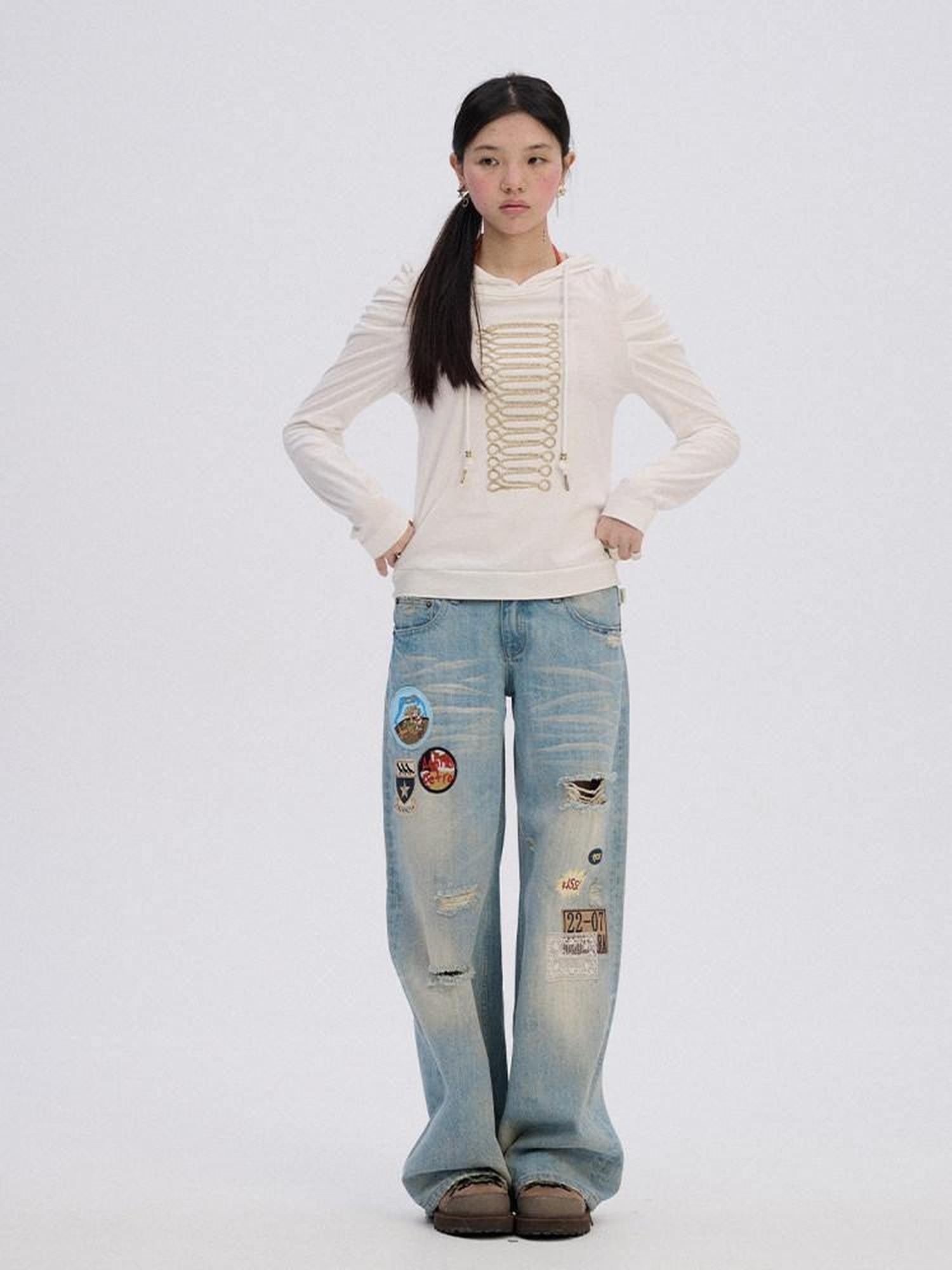 Achihara Skater Distressed Ripped Patch Women'S Cotton Denim Wide-Leg Jeans