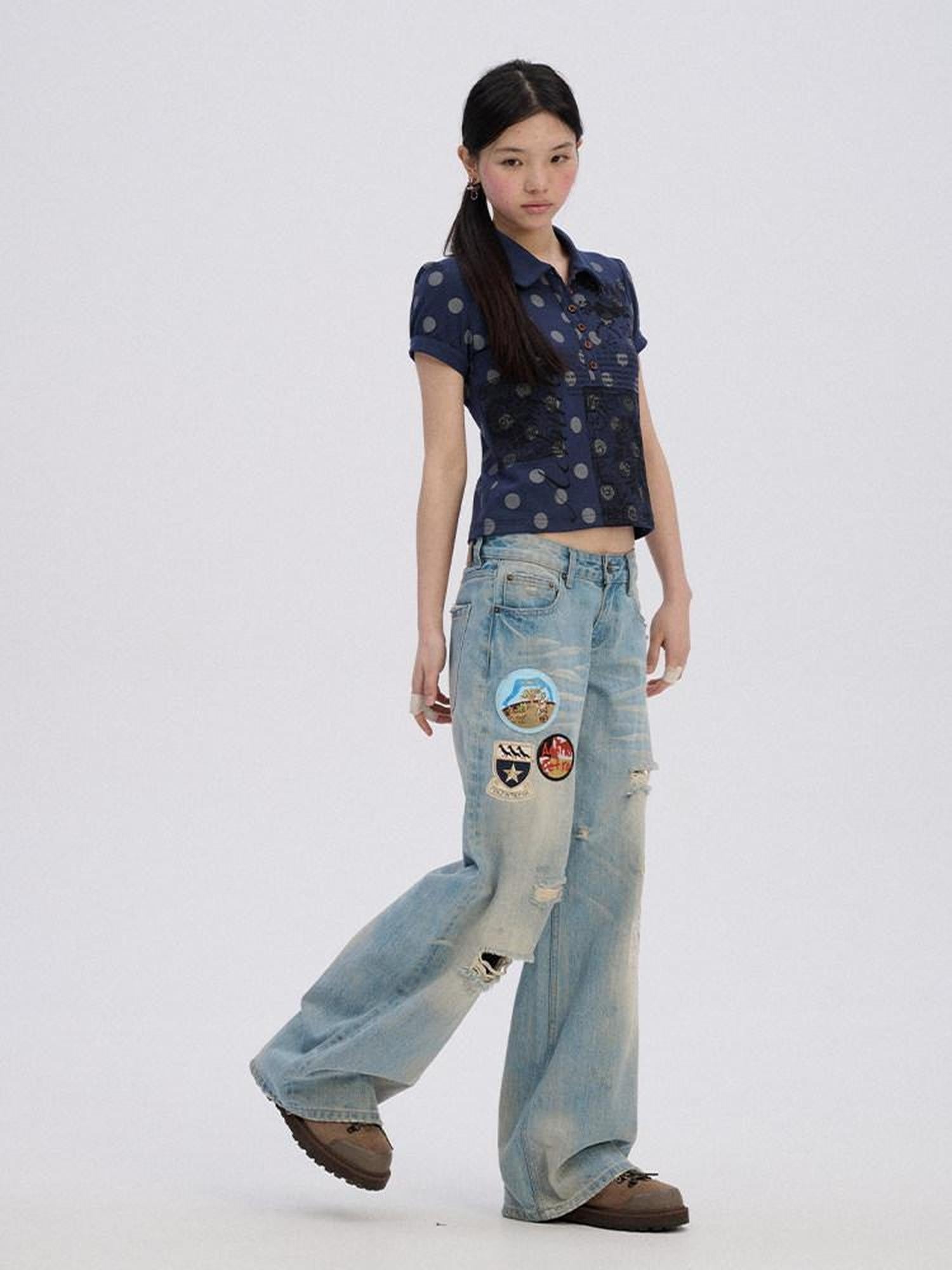 Achihara Skater Distressed Ripped Patch Women'S Cotton Denim Wide-Leg Jeans