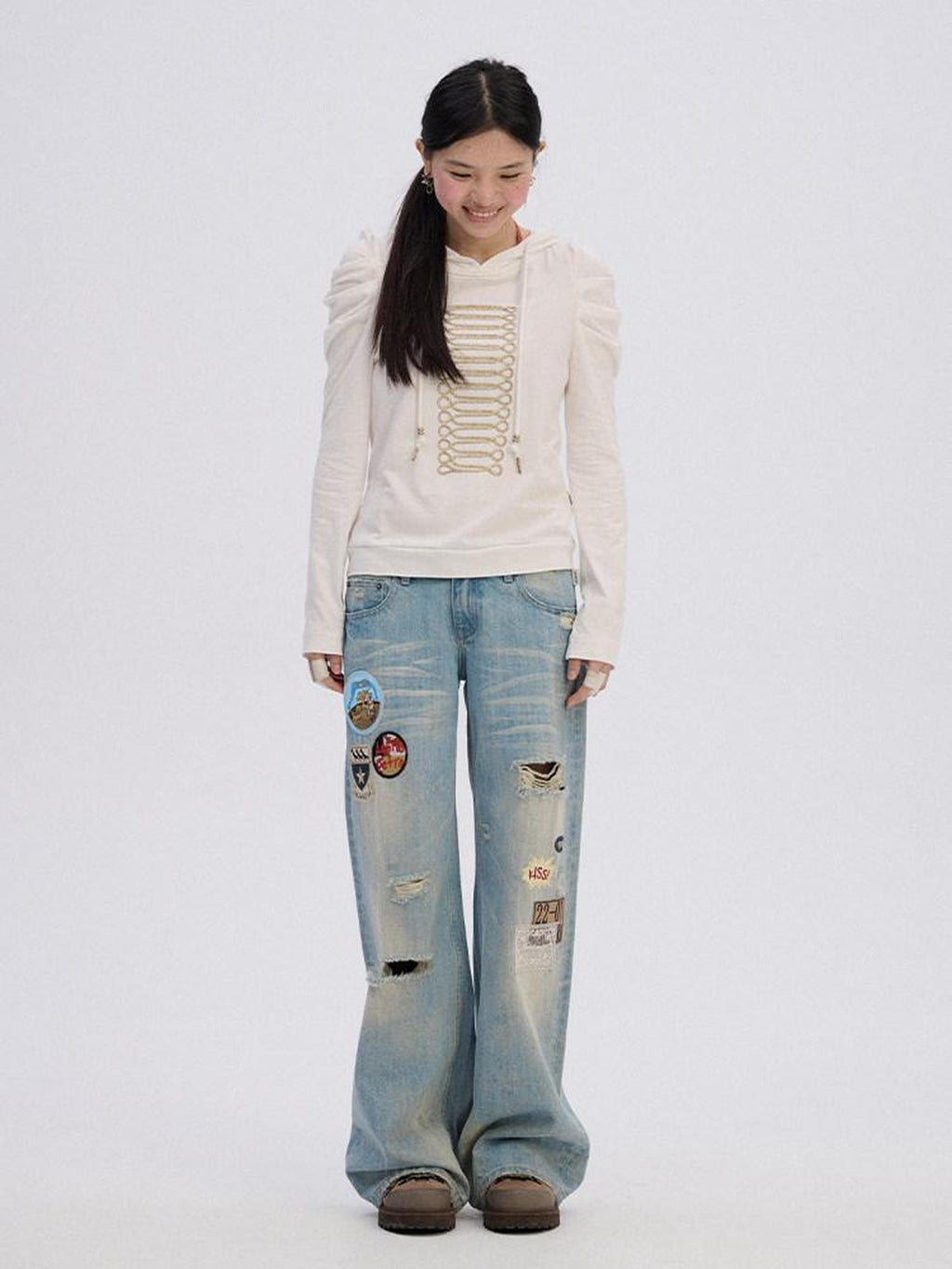 Achihara Skater Distressed Ripped Patch Women'S Cotton Denim Wide-Leg Jeans