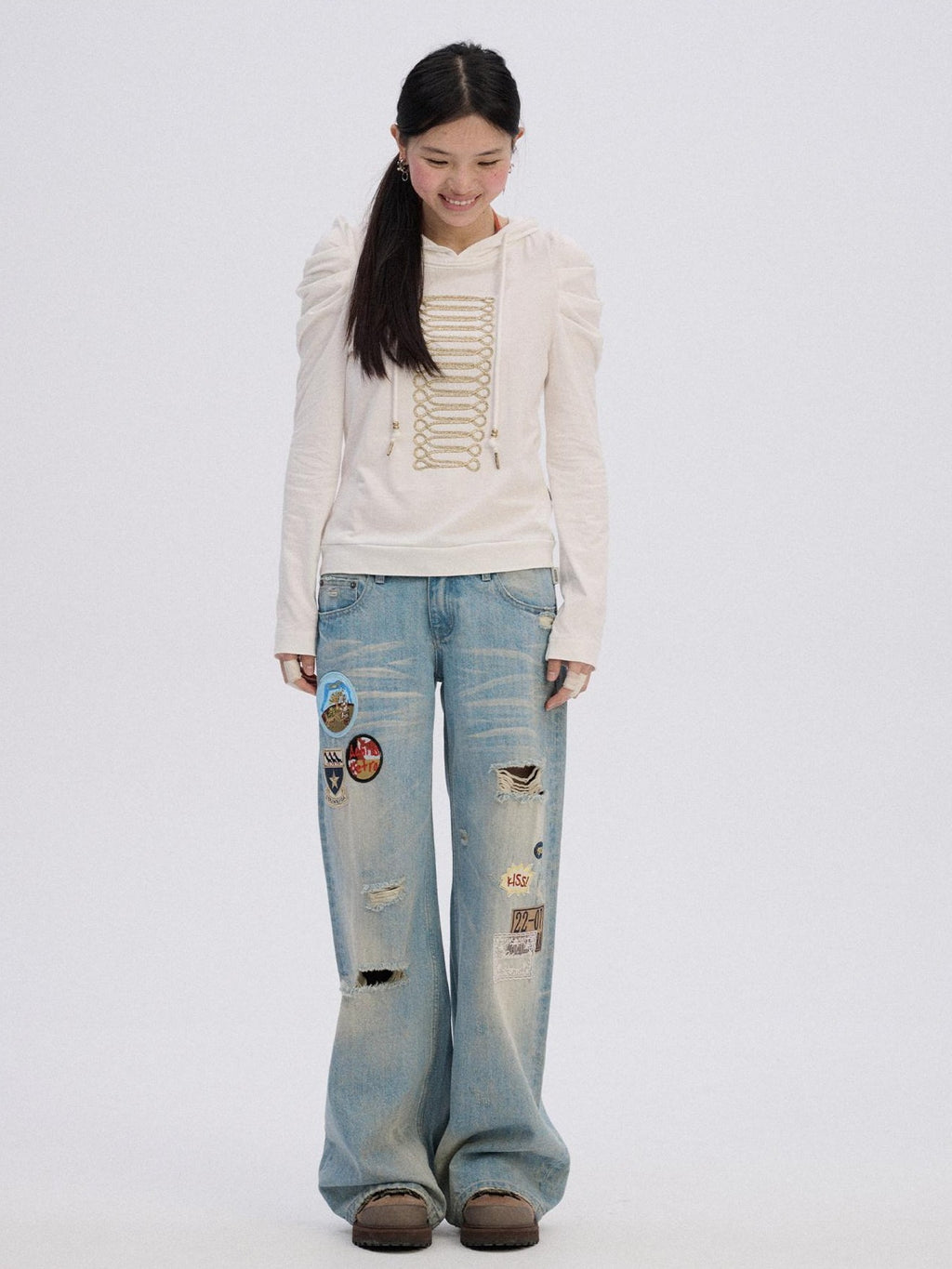 Achihara Skater Distressed Ripped Patch Women'S Cotton Denim Wide-Leg Jeans