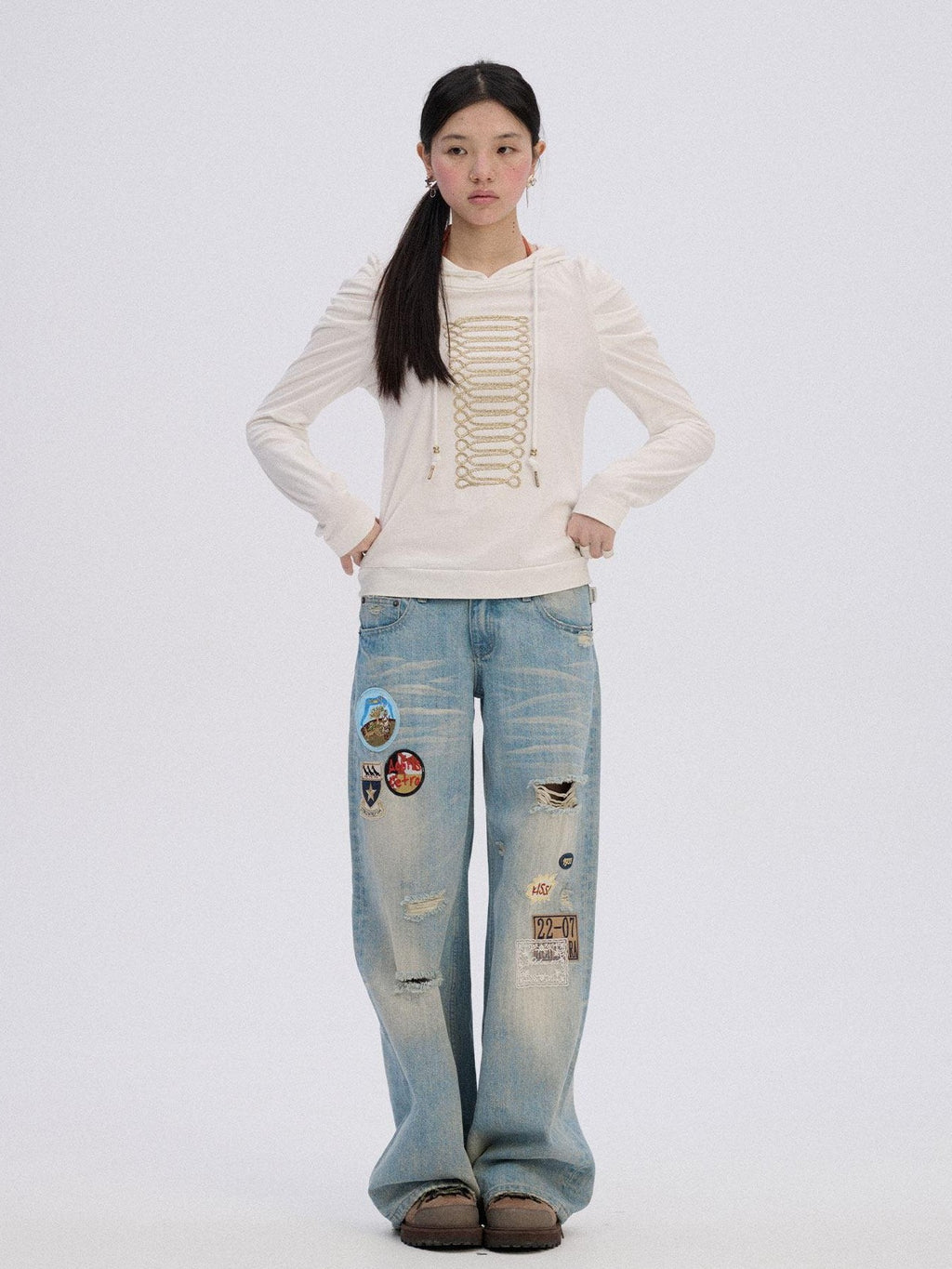 Achihara Skater Distressed Ripped Patch Women'S Cotton Denim Wide-Leg Jeans