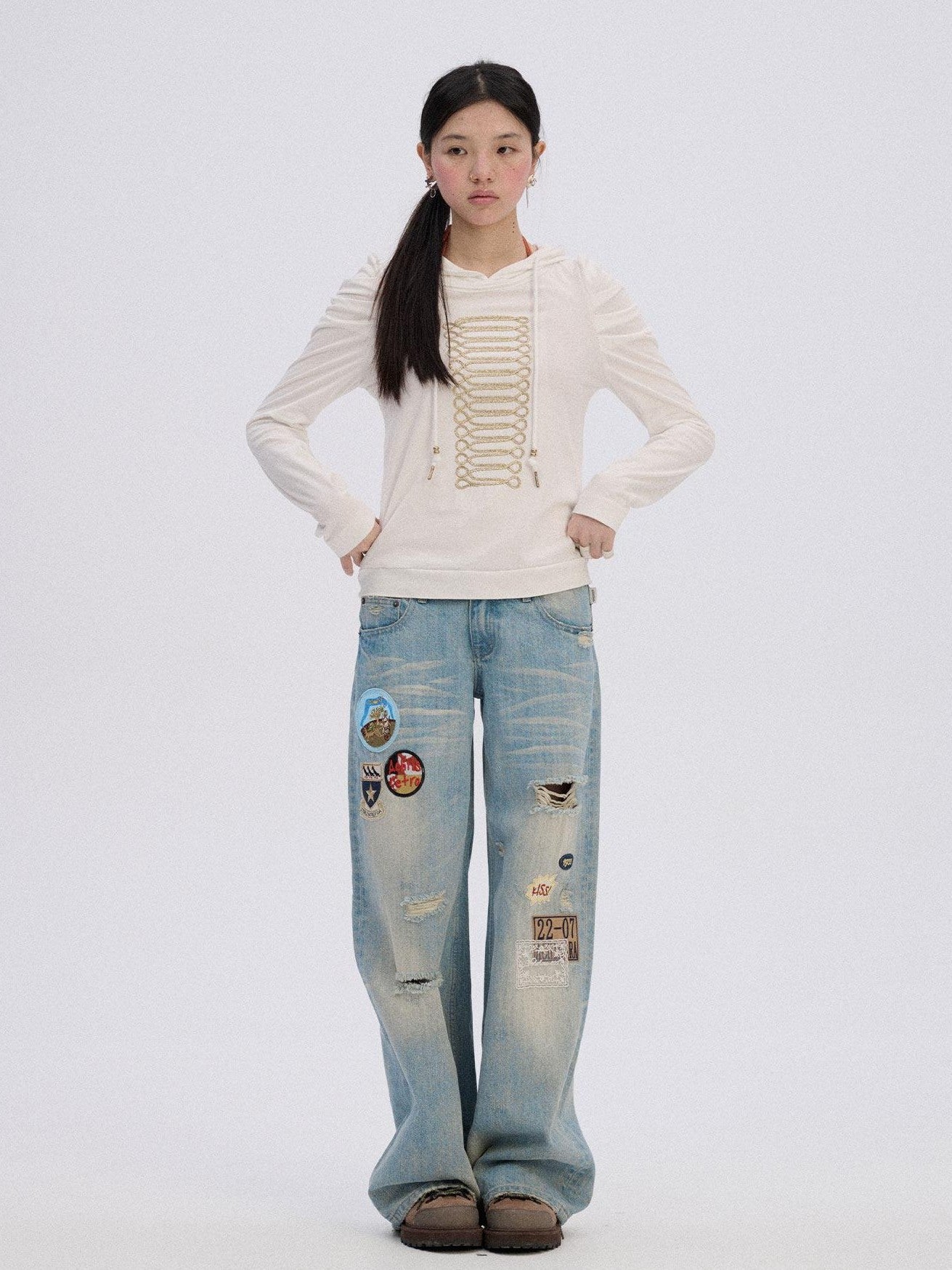 Achihara Skater Distressed Ripped Patch Women'S Cotton Denim Wide-Leg Jeans
