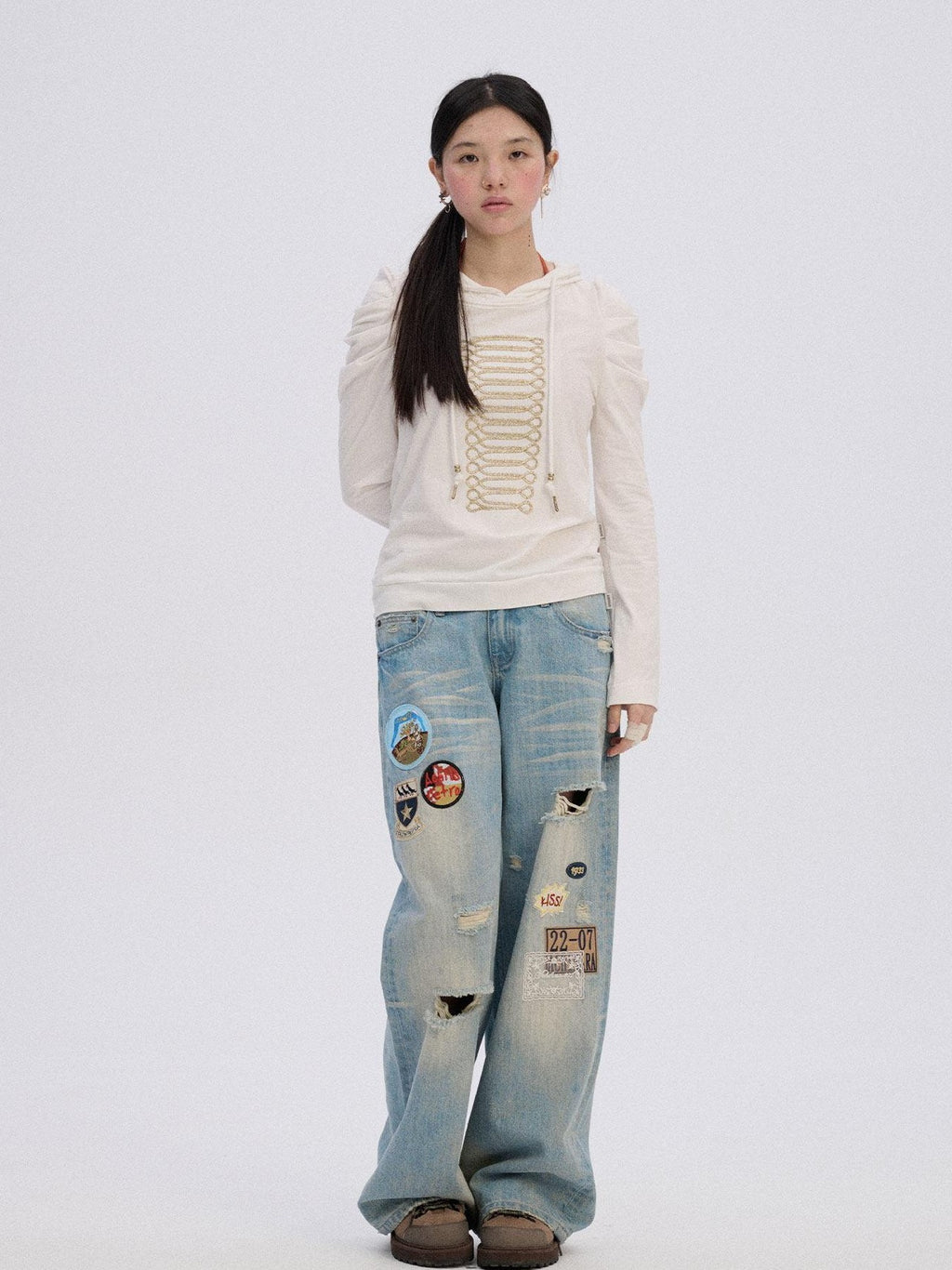 Achihara Skater Distressed Ripped Patch Women'S Cotton Denim Wide-Leg Jeans