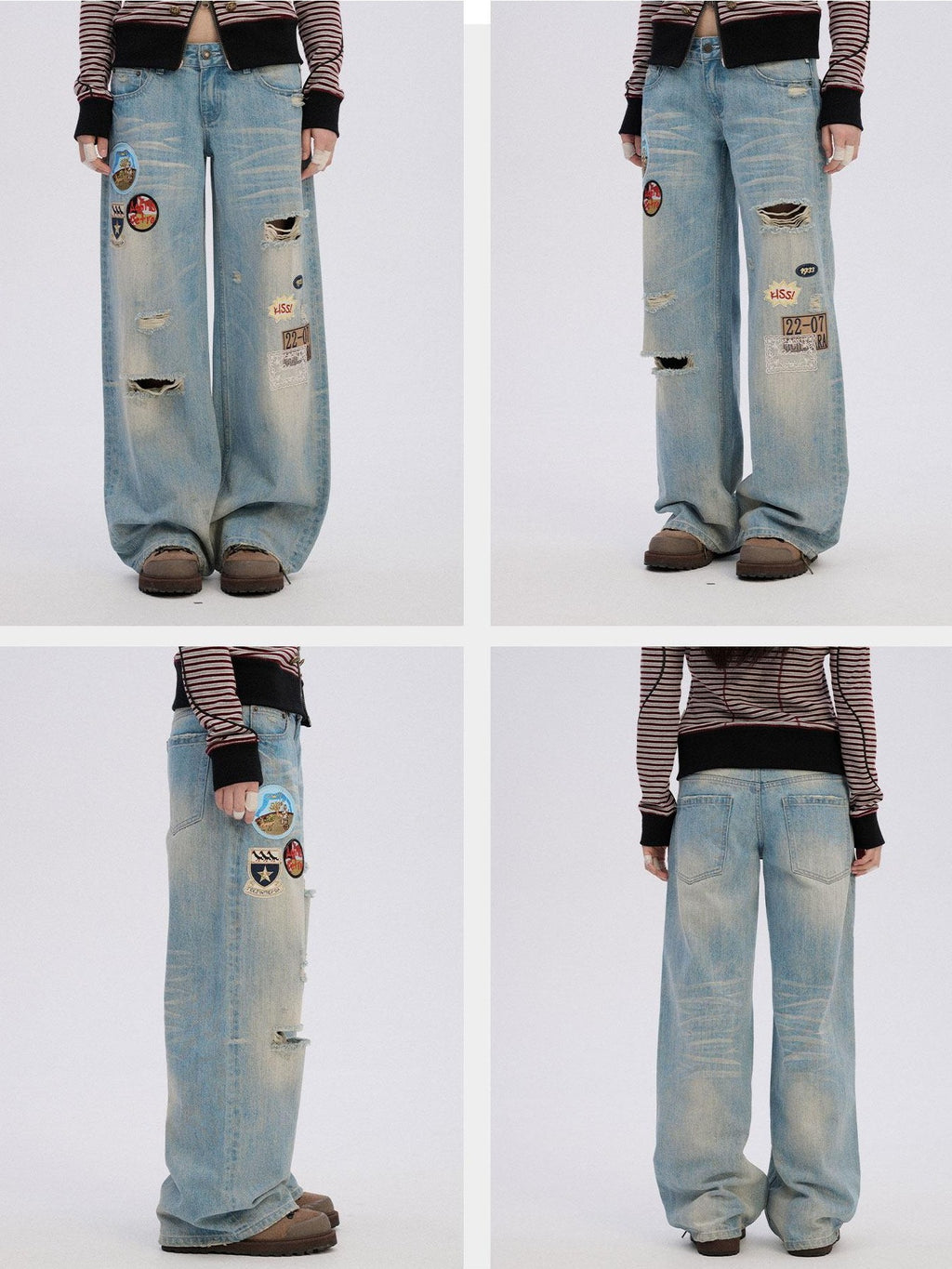 Achihara Skater Distressed Ripped Patch Women'S Cotton Denim Wide-Leg Jeans