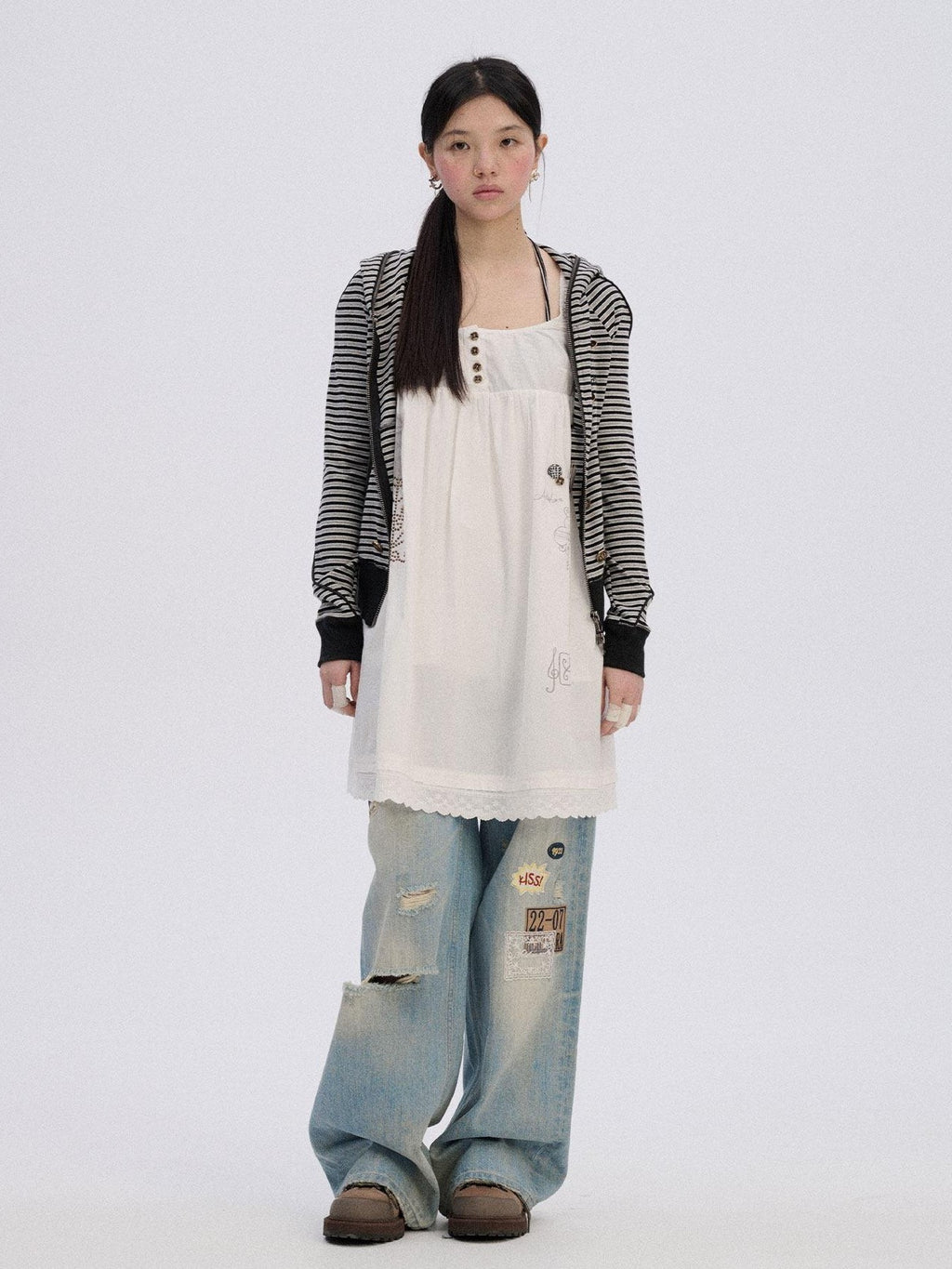 Achihara Skater Distressed Ripped Patch Women'S Cotton Denim Wide-Leg Jeans