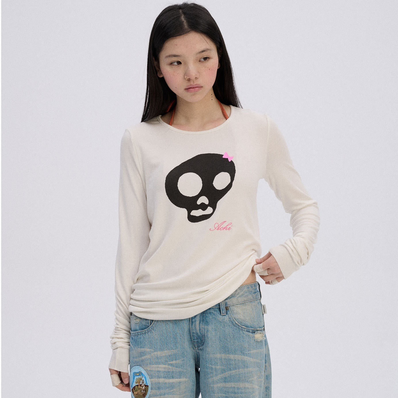 Achihara_Skull_Print_Round_Neck_Straight_Fit_Women'S_Cotton_Blend_Long_Sleeve_T-Shirts_MISSTT