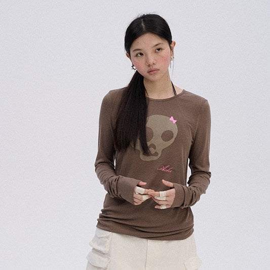 Achihara_Skull_Print_Round_Neck_Straight_Fit_Women'S_Cotton_Blend_Long_Sleeve_T-Shirts_MISSTT