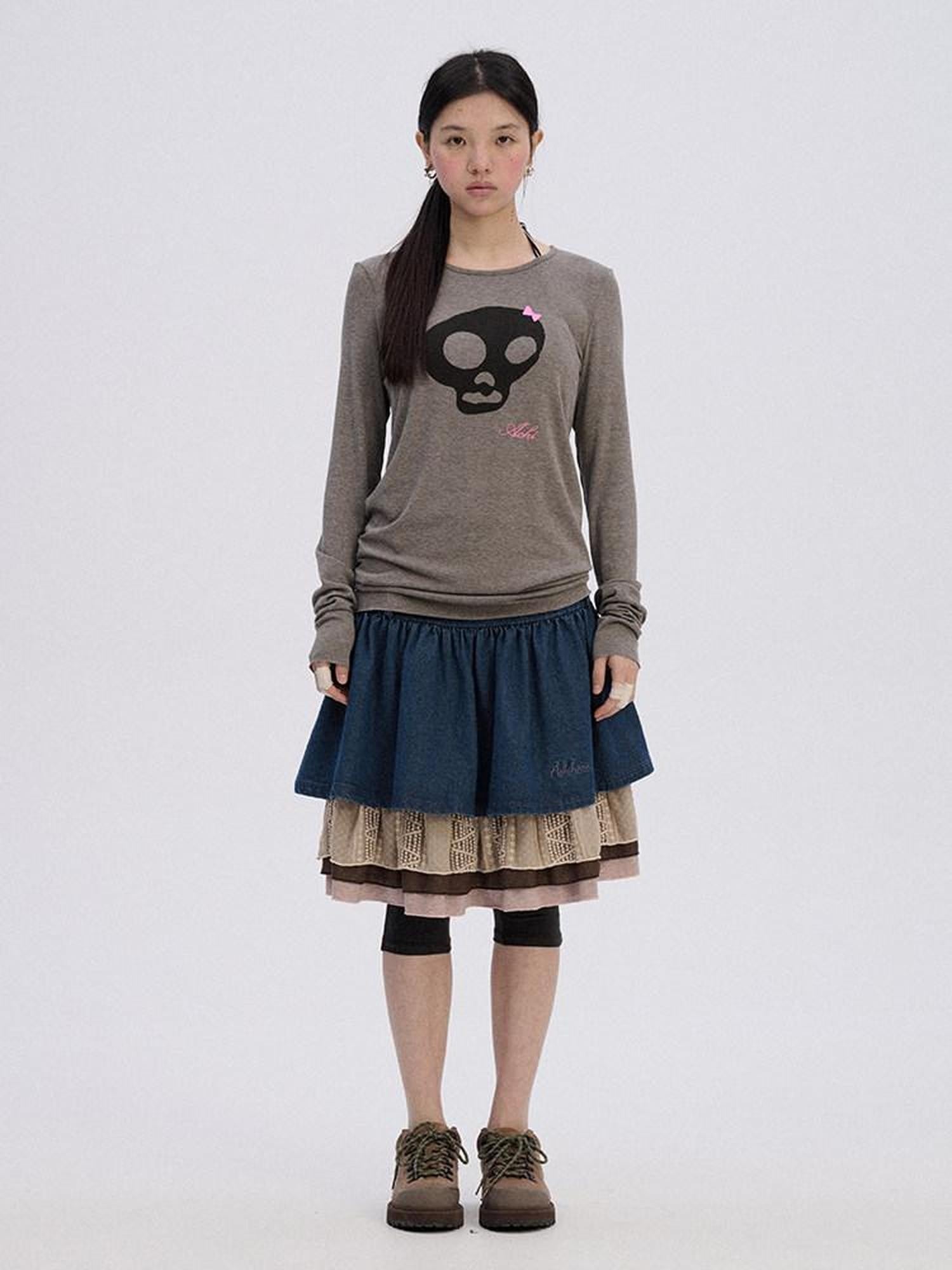 Achihara Skull Print Round Neck Straight Fit Women'S Cotton Blend Long Sleeve T-Shirts